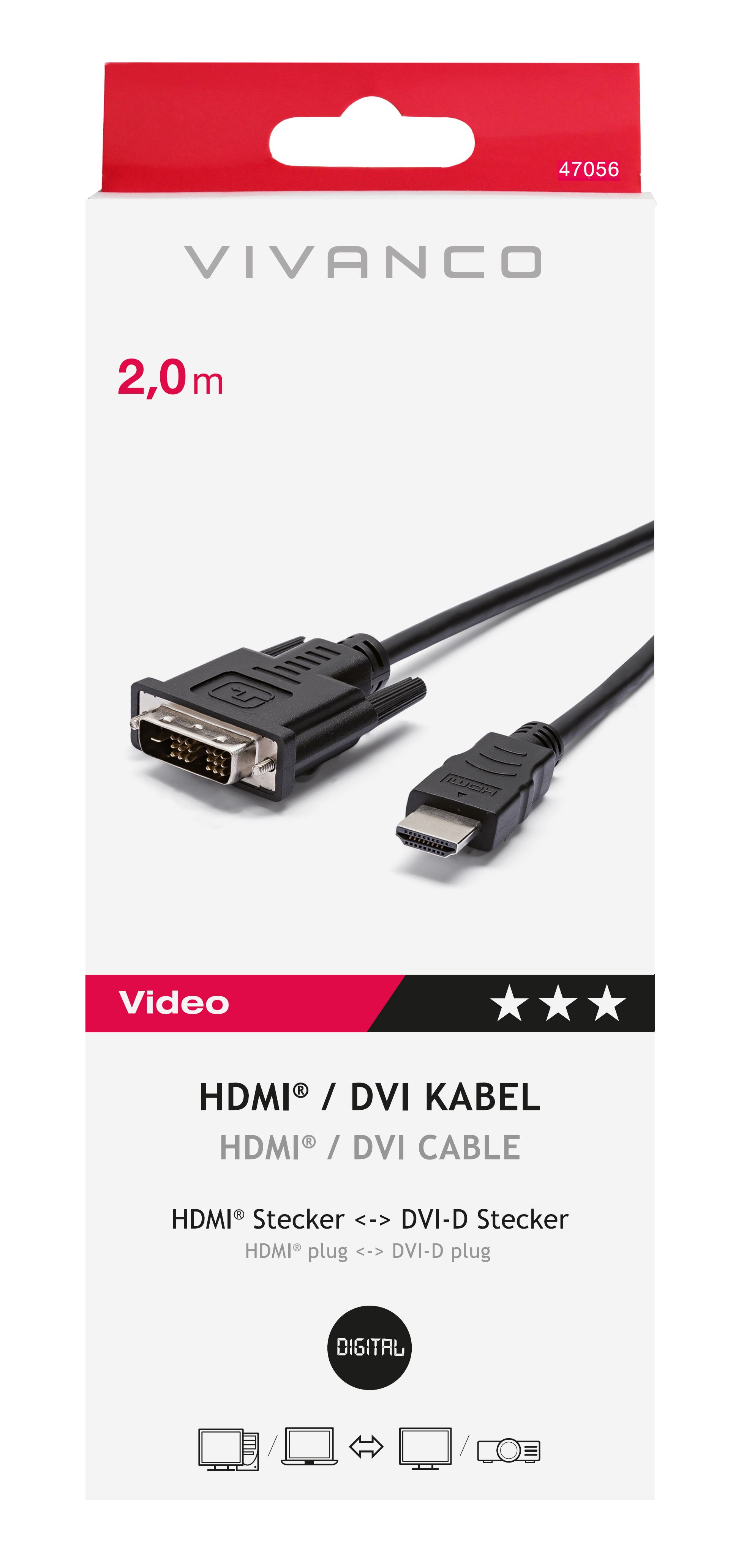 Box mit einem schwarzen HDMI-zu-DVI-Kabel. Die Box hat die Marke vivanco.
