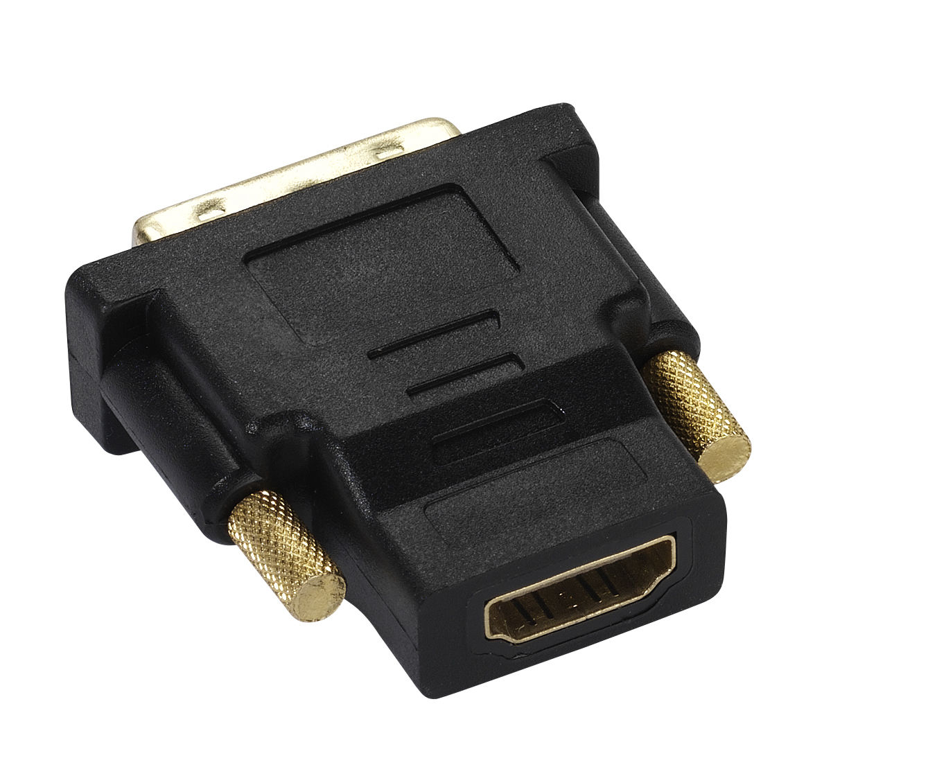 Schwarzer HDMI-zu-DVI-Adapter. Goldene Anschlüsse. Isoliert auf weißem Hintergrund.