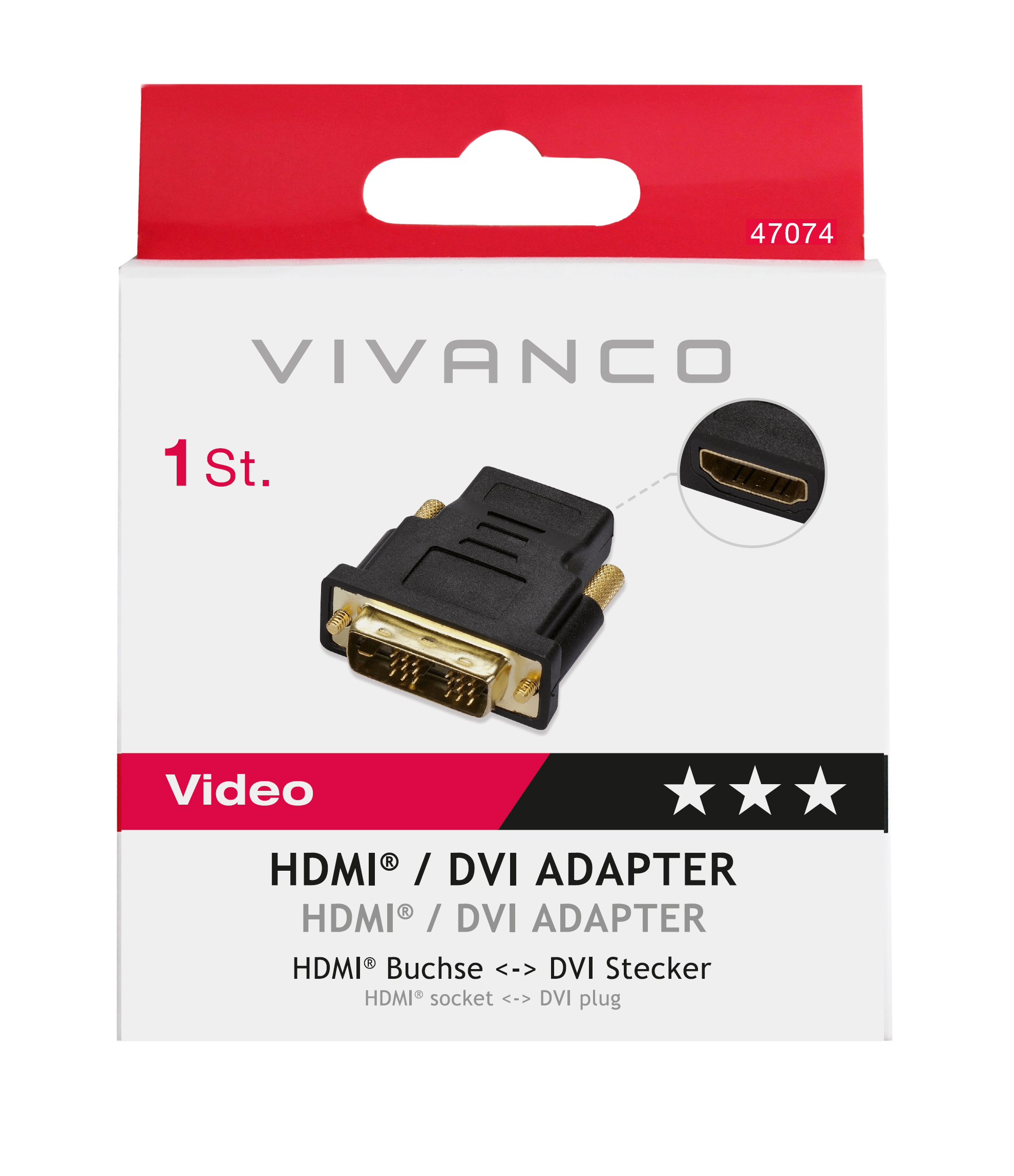 Eine weiß-rote Vivanco HDMI/DVI-Adapterbox. Die Box zeigt den Adapter mit der Beschreibung.