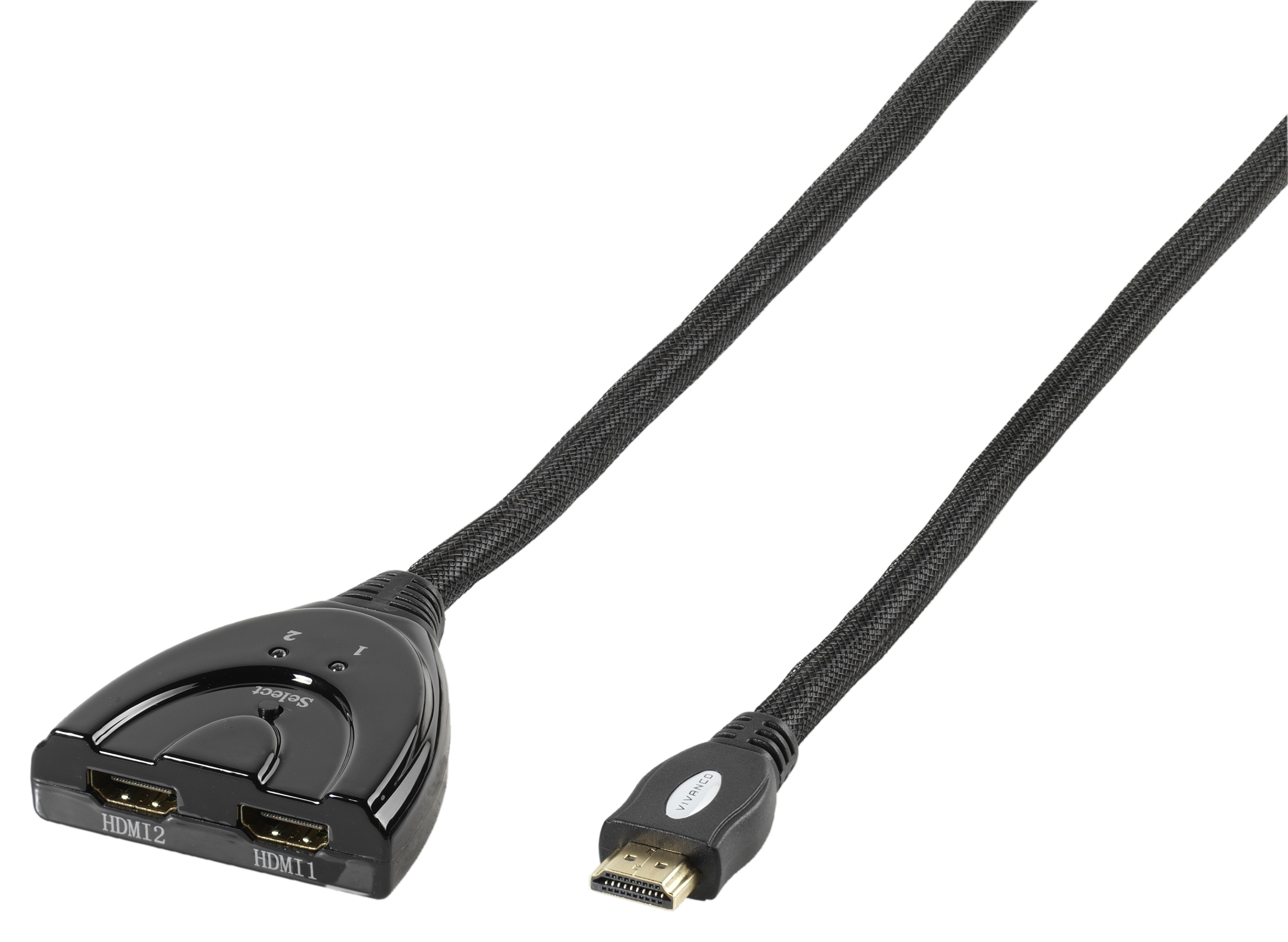 Schwarzes HDMI-Splitterkabel mit zwei Eingängen und einem Ausgang.