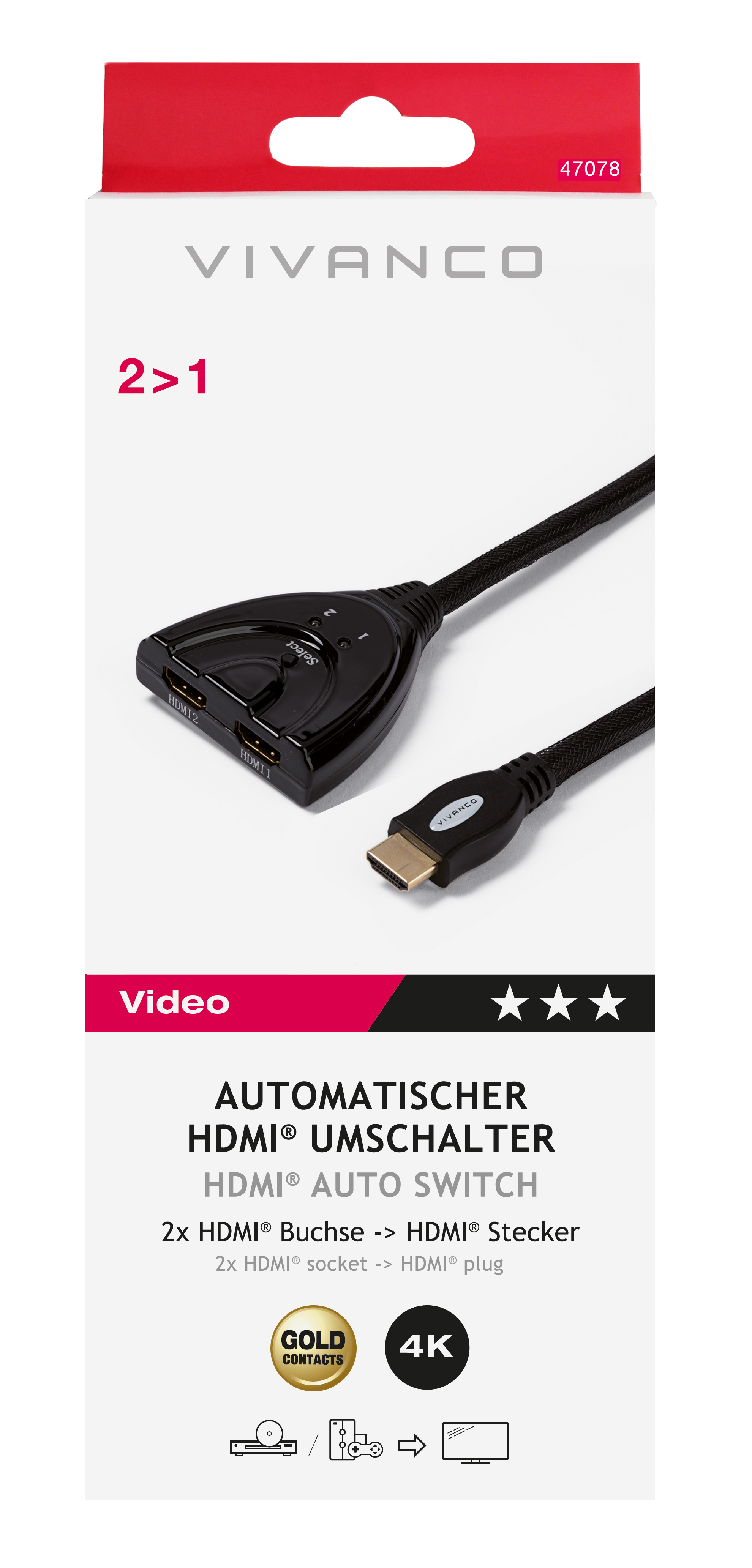 HDMI-Automatikschalter mit zwei Eingängen und einem Ausgang, in einer Box.