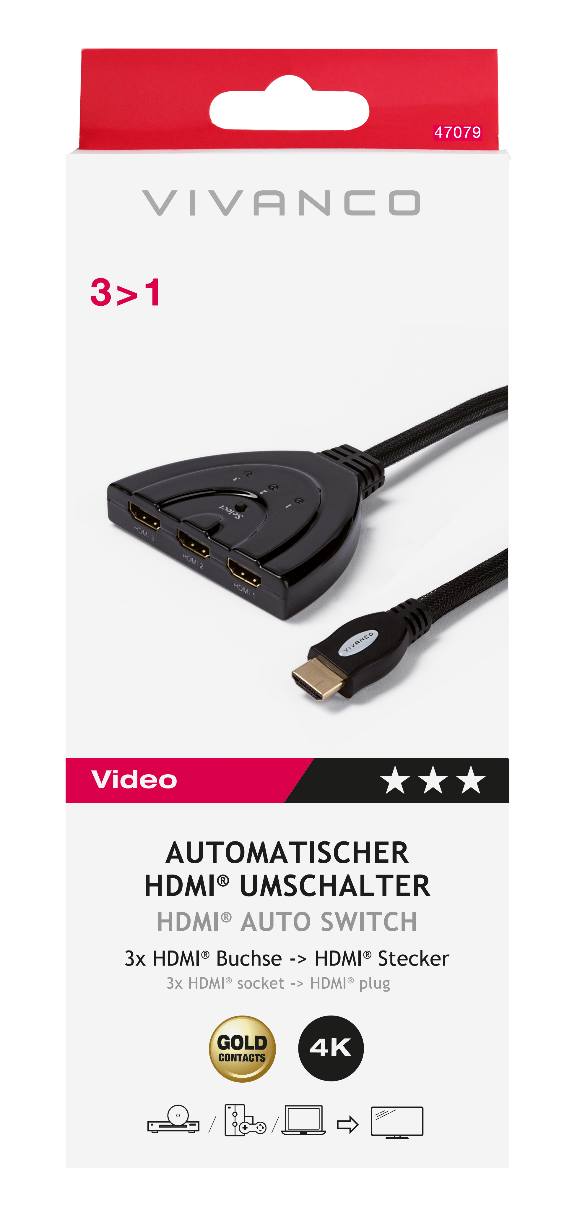 HDMI-Switch-Gerät mit 3-in-1-Anschluss. Weiße Box mit rotem und schwarzem Text.