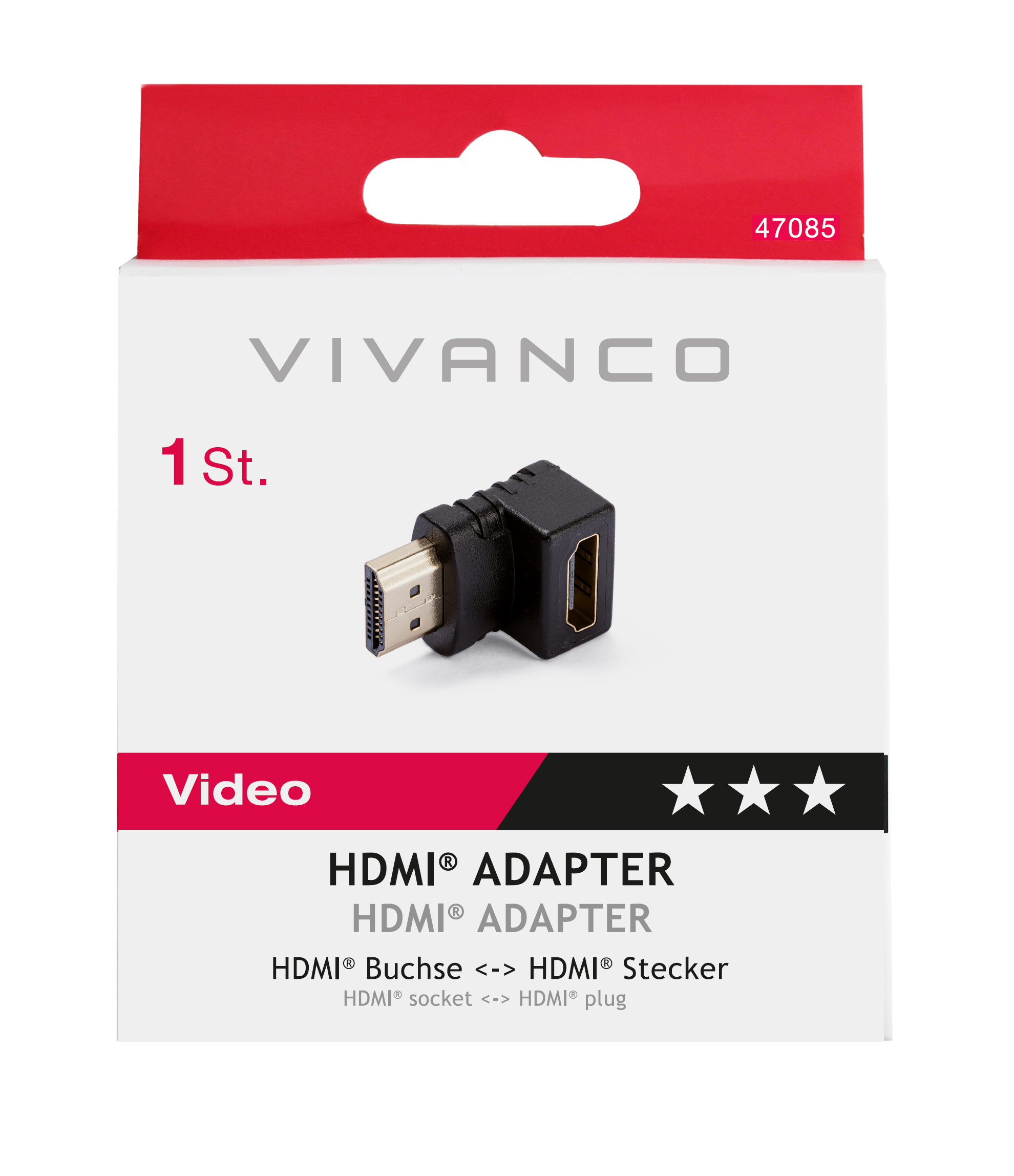 Schwarzer HDMI-Adapter auf einer weißen Box mit roten Akzenten.