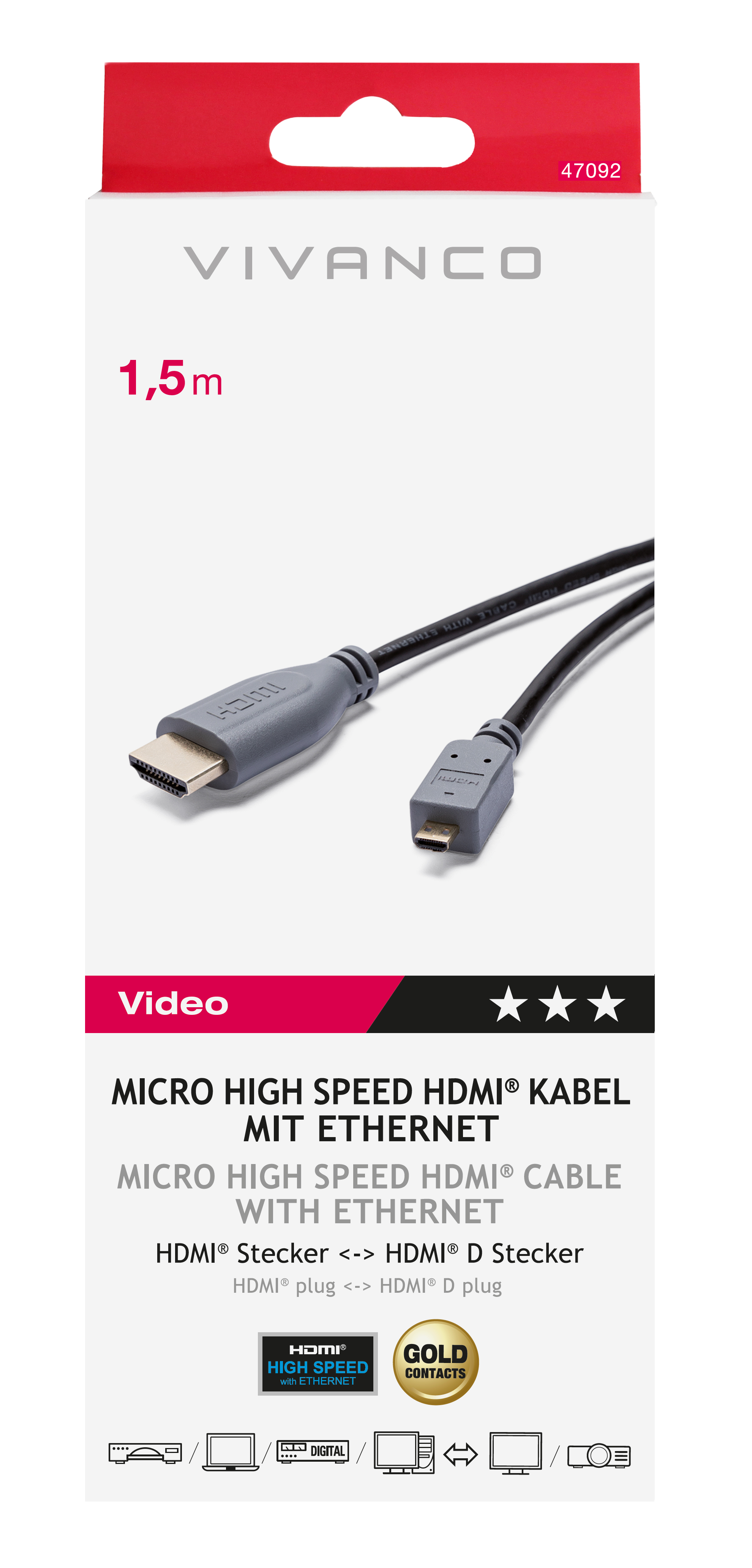 Vivanco HDMI-Kabelverpackung, graues Kabel mit HDMI-Steckern, auf weißem Hintergrund.