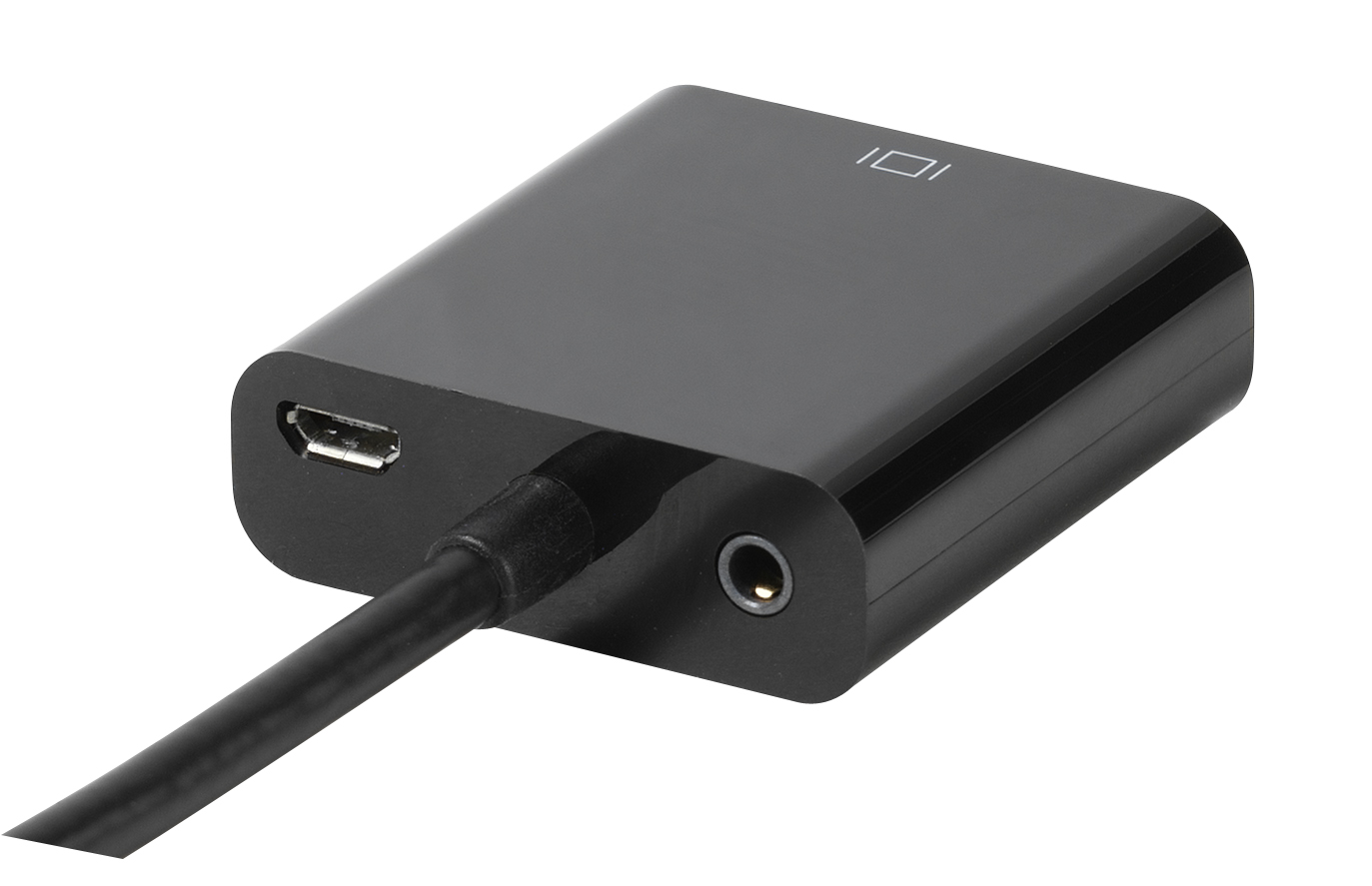 Schwarzer Adapter mit HDMI- und Audioanschlüssen, verbunden mit einem schwarzen Kabel und weißem Hintergrund.