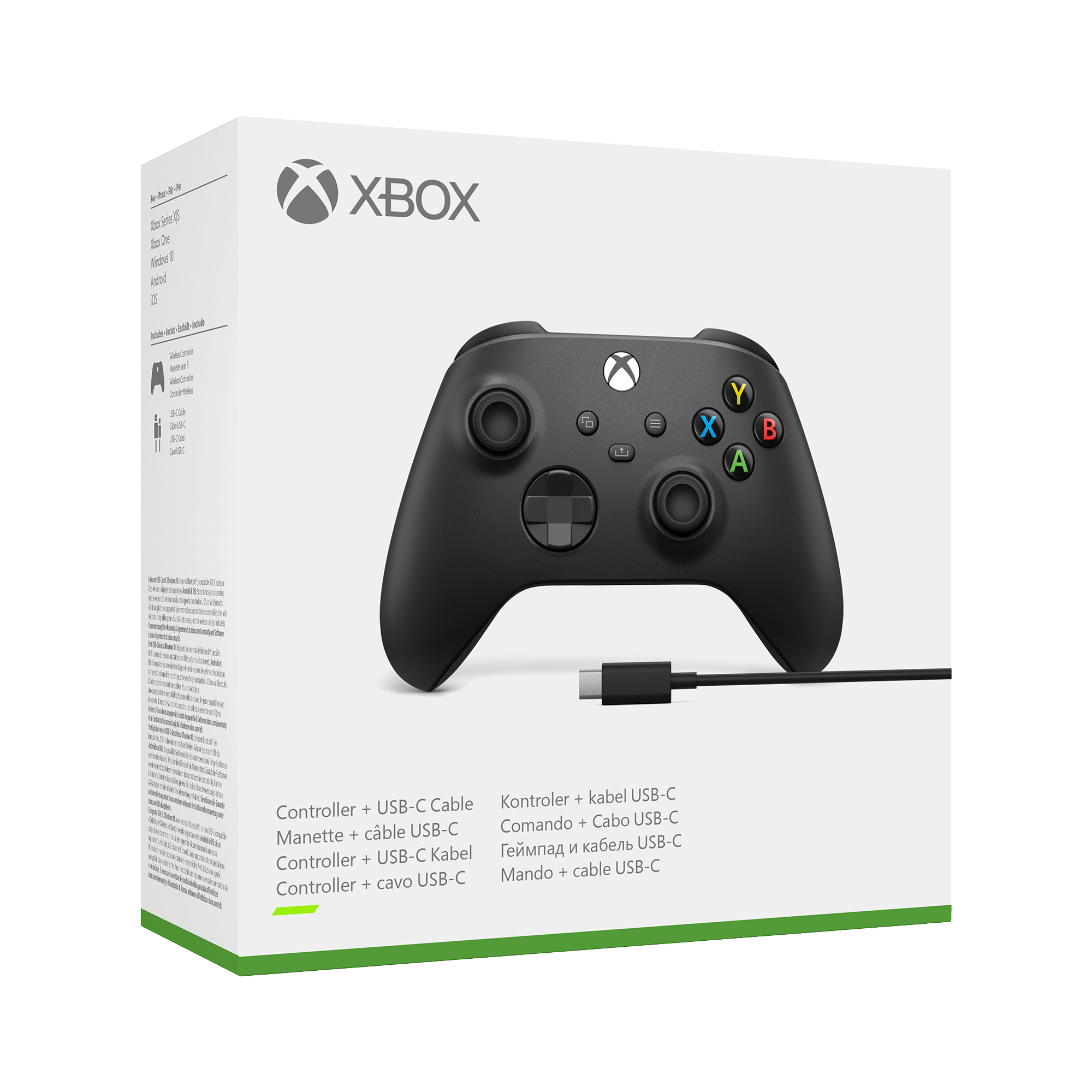 Schwarzer Xbox-Controller in einer Box. Ein USB-C-Kabel ist vorne. Text: Controller + USB-C-Kabel.