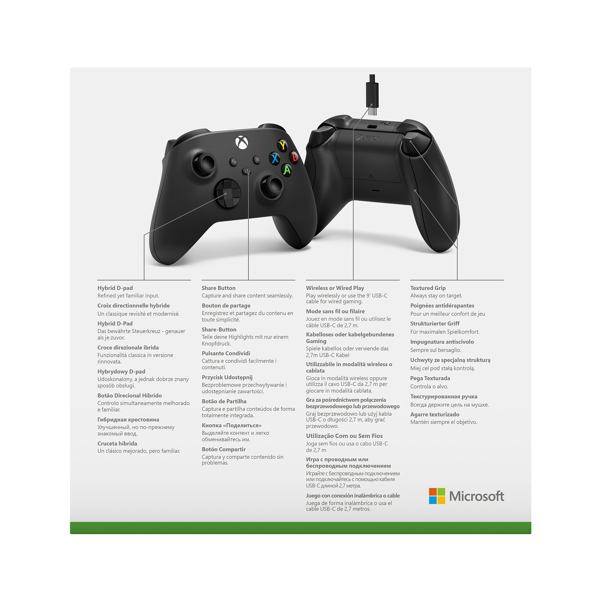 Schwarzer Xbox-Controller mit Textbeschreibungen in verschiedenen Sprachen.