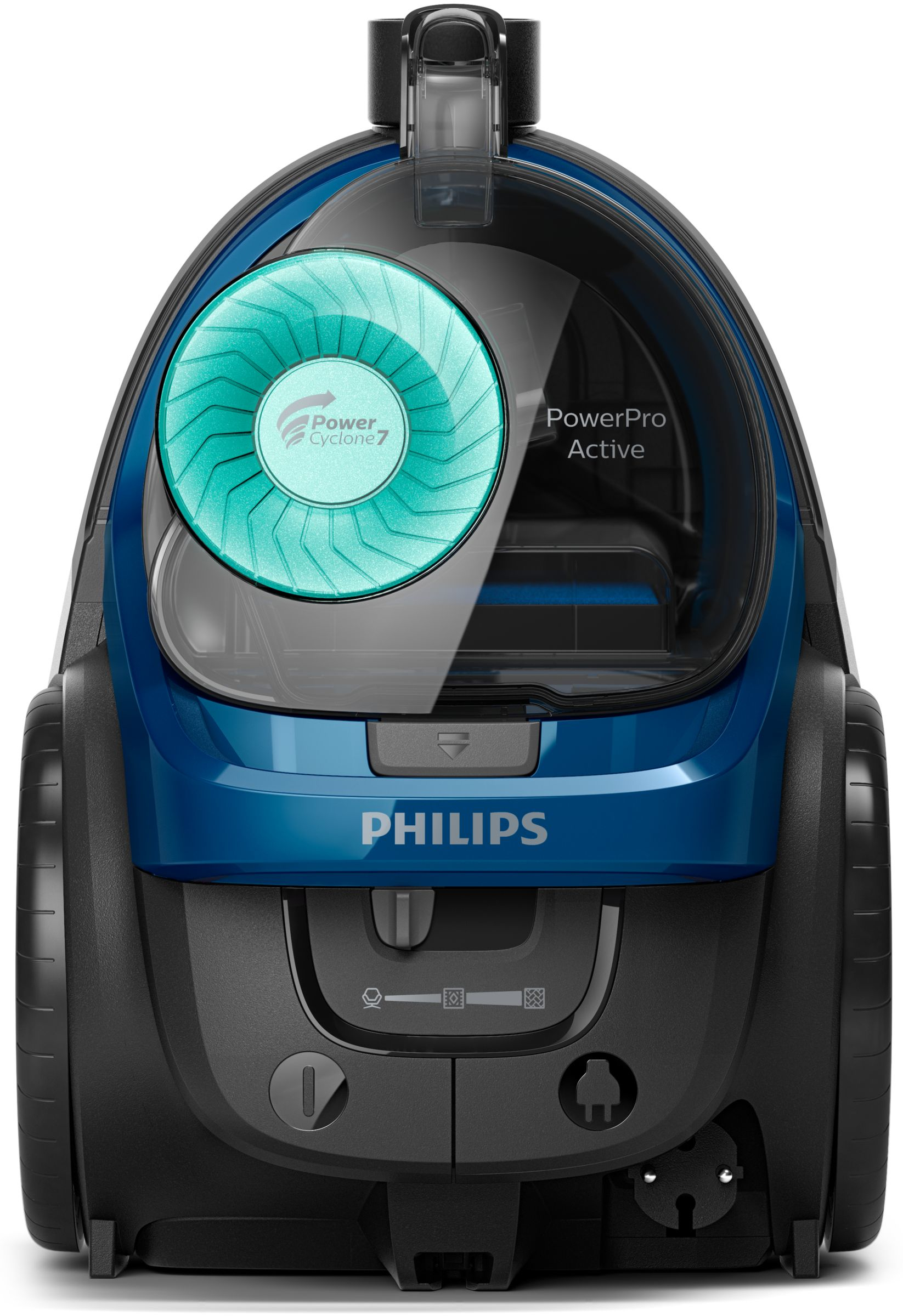 Aspirapolvere Philips blu e nero con tecnologia PowerCyclone 7 e logo del marchio.