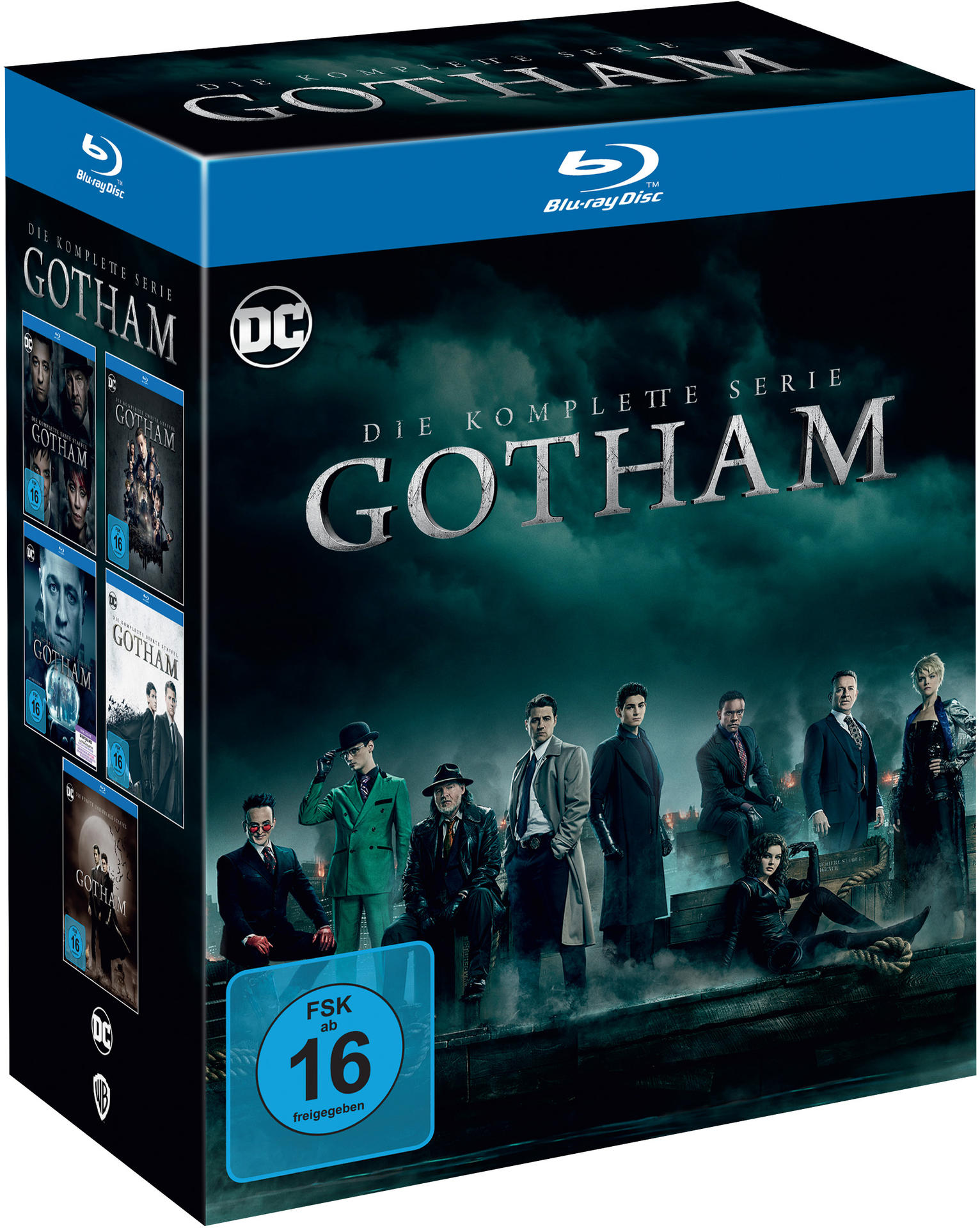 Gotham Blu-ray Box-Set. Zeigt verschiedene Charaktere vor dunkler Stadtlandschaft. Mit FSK ab 16 gekennzeichnet.