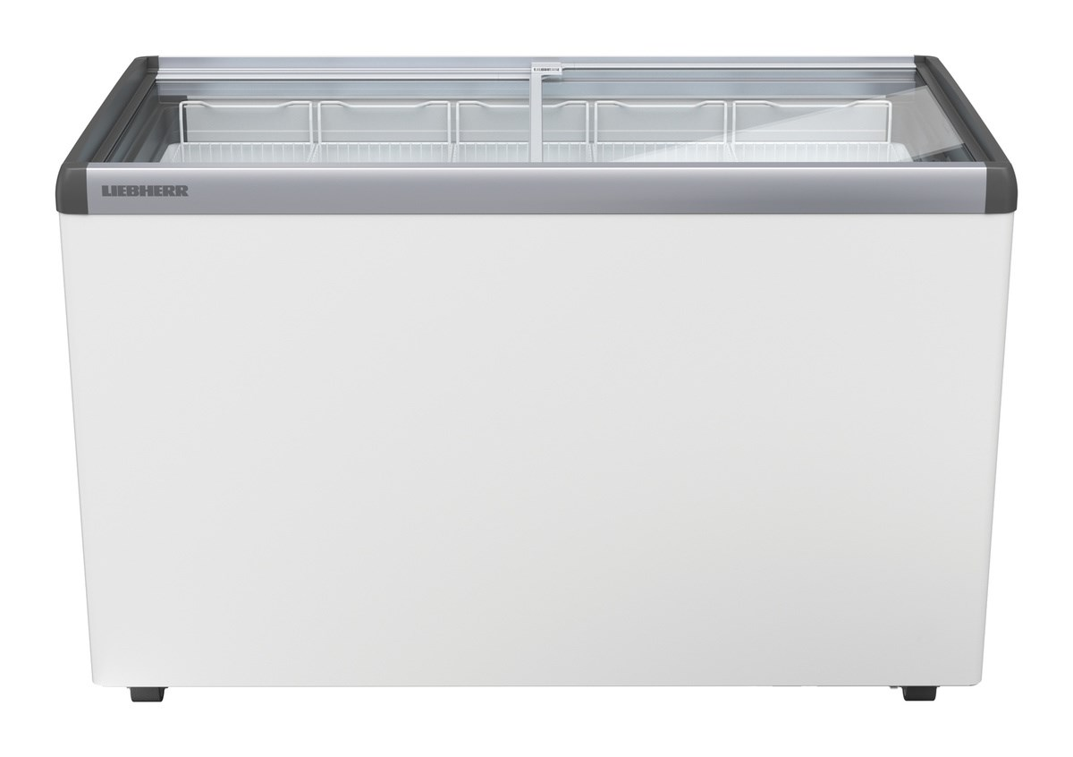 Weißer Kühlschrank mit Glasplatte, beschriftet mit Liebherr.