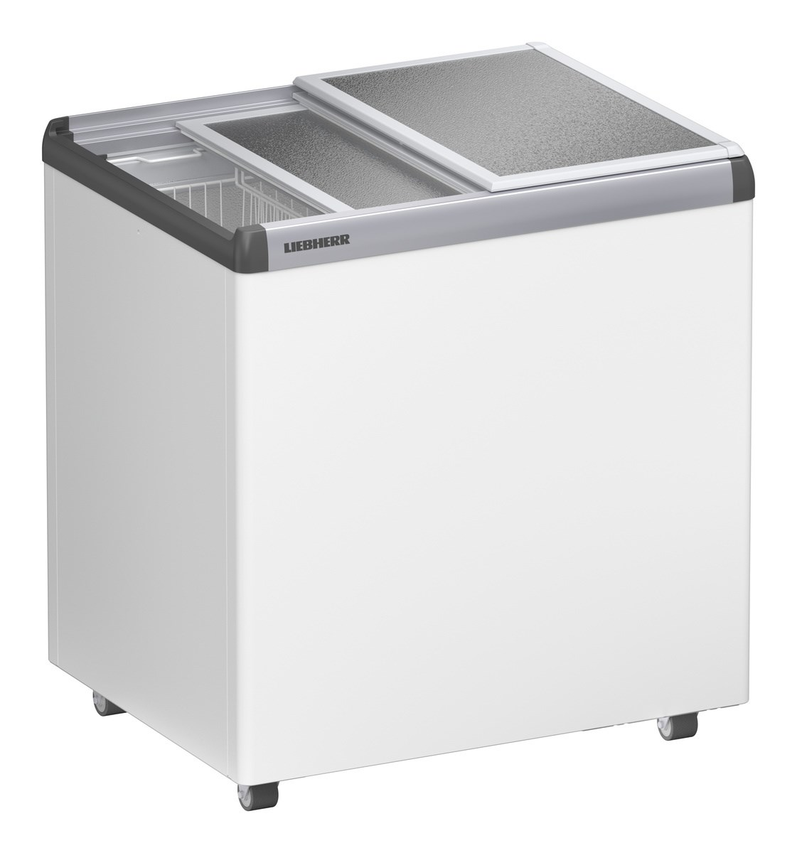 Weißer Gefrierschrank mit zwei geöffneten Deckeln.