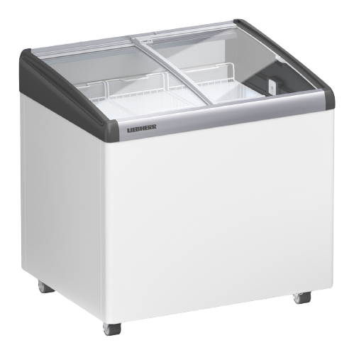 Weißer Kühlschrank mit transparenten Glastüren, beschriftet 'LIEBHERR'.
