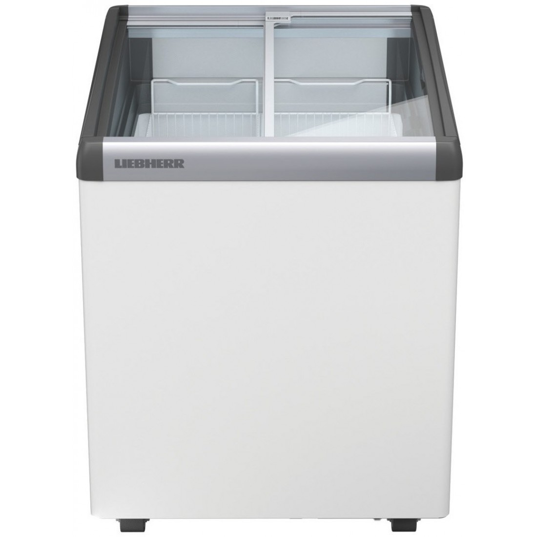 Weißer Liebherr Gefrierschrank mit Glasdeckel, geöffnet, um weiße Innenfächer freizugeben.