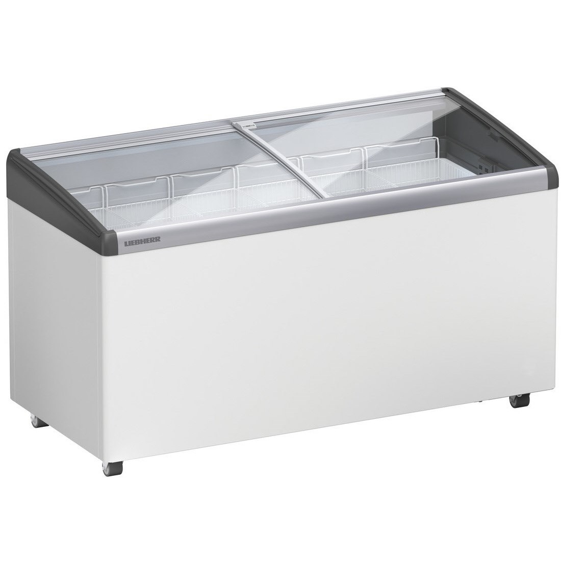 Ein weißer Gefrierschrank mit Glastüren und einem grauen Rahmen.