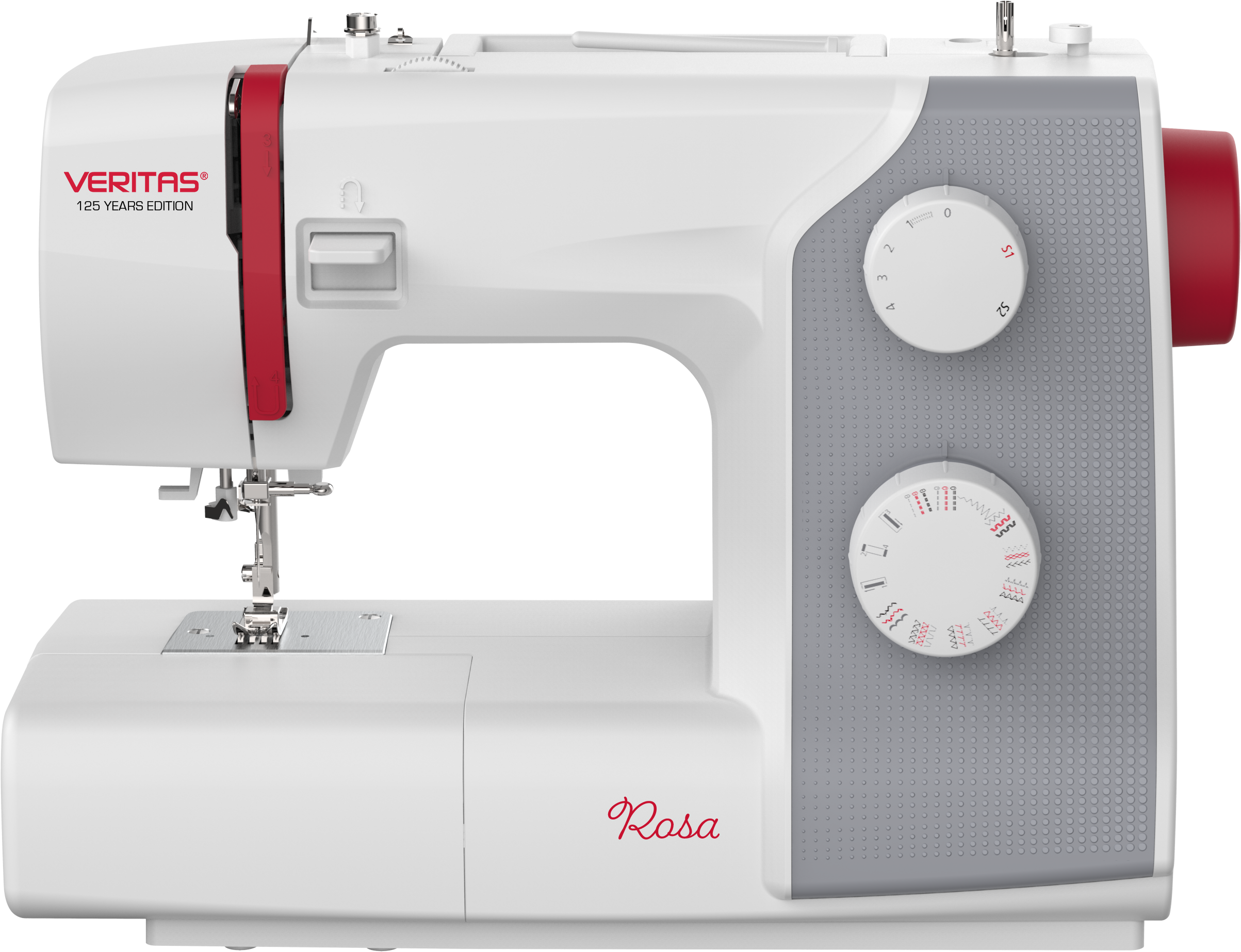 Weiße und graue Veritas-Nähmaschine mit roten Akzenten. Hat Drehknöpfe und das Wort "Rosa" in Rot.