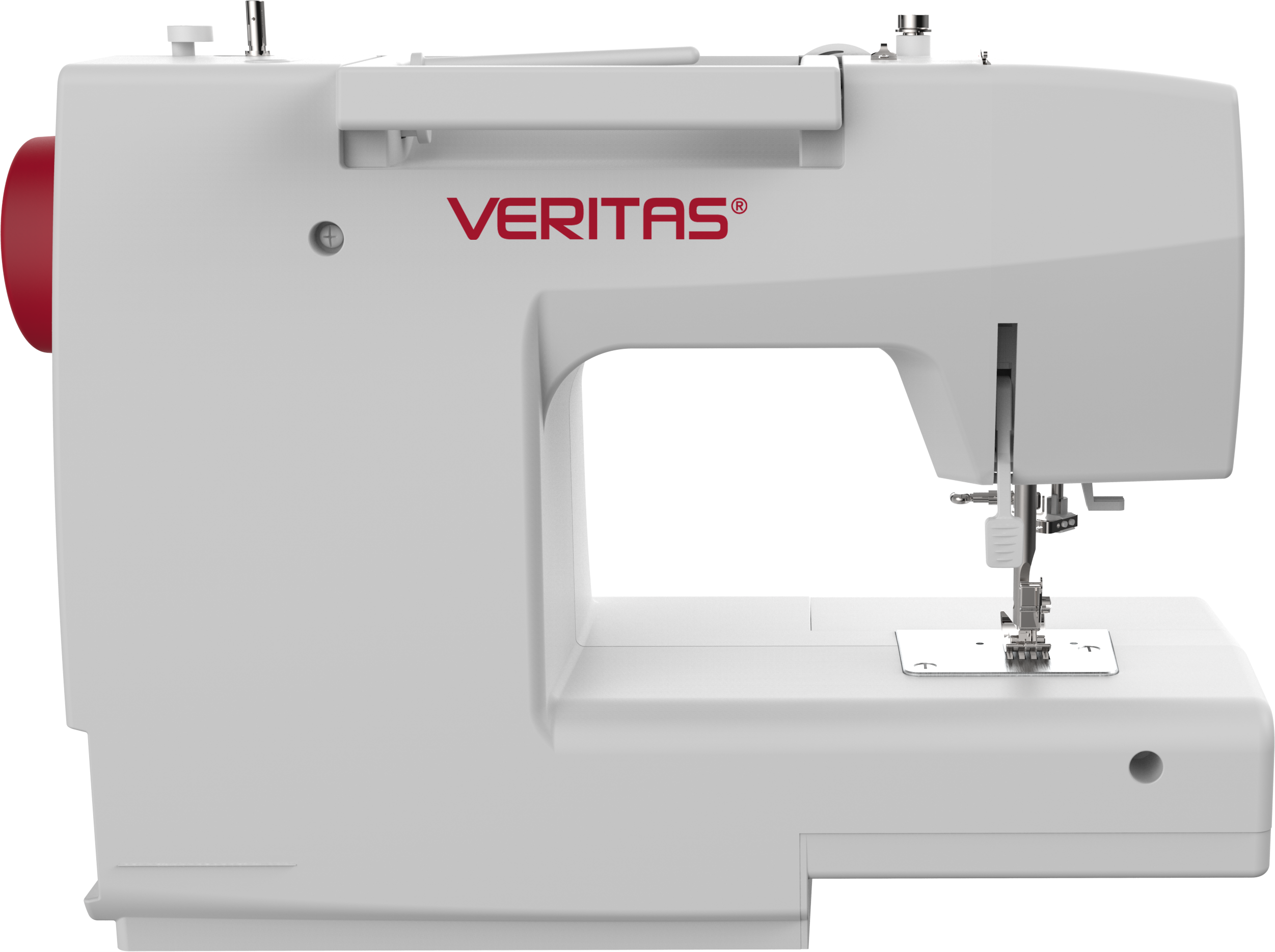 Weiße Nähmaschine mit roten Akzenten. Die Marke 'VERITAS' ist auf der Maschine sichtbar.