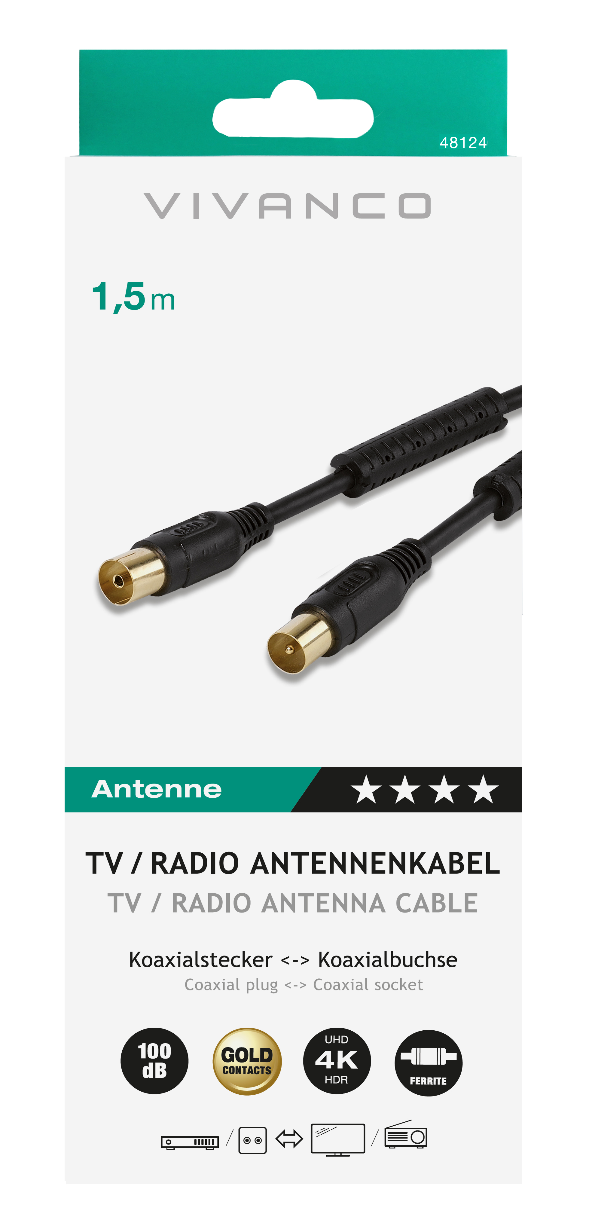 Schwarzes Antennenkabel mit goldfarbenen Steckern und Verpackung mit Text und Logo.