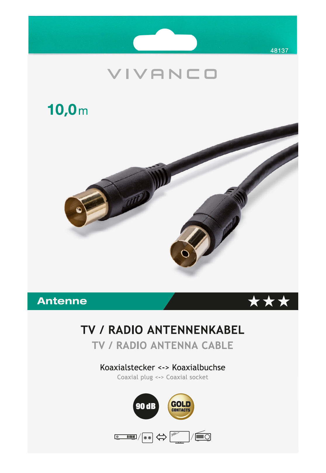 Ein schwarzes Antennenkabel mit vergoldeten Steckern.