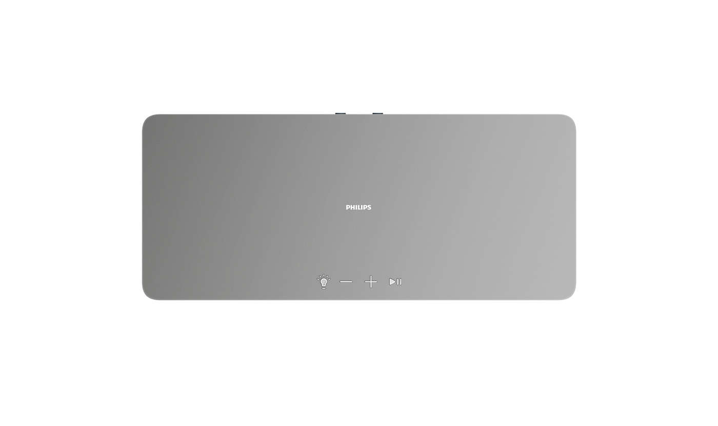 Graue Philips Soundbar mit Touch-Bedienelementen und Philips-Logo.