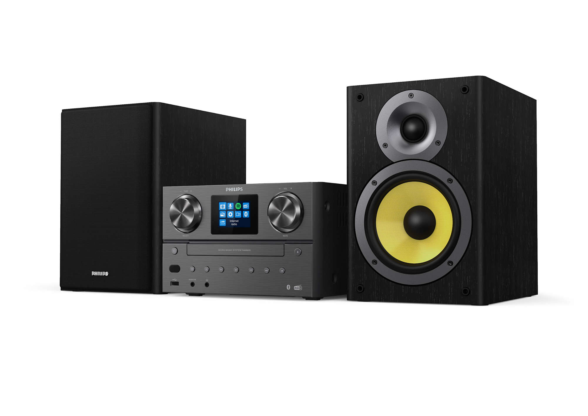 Schwarzes Philips Audiosystem, mit Subwoofer und Lautsprechern.