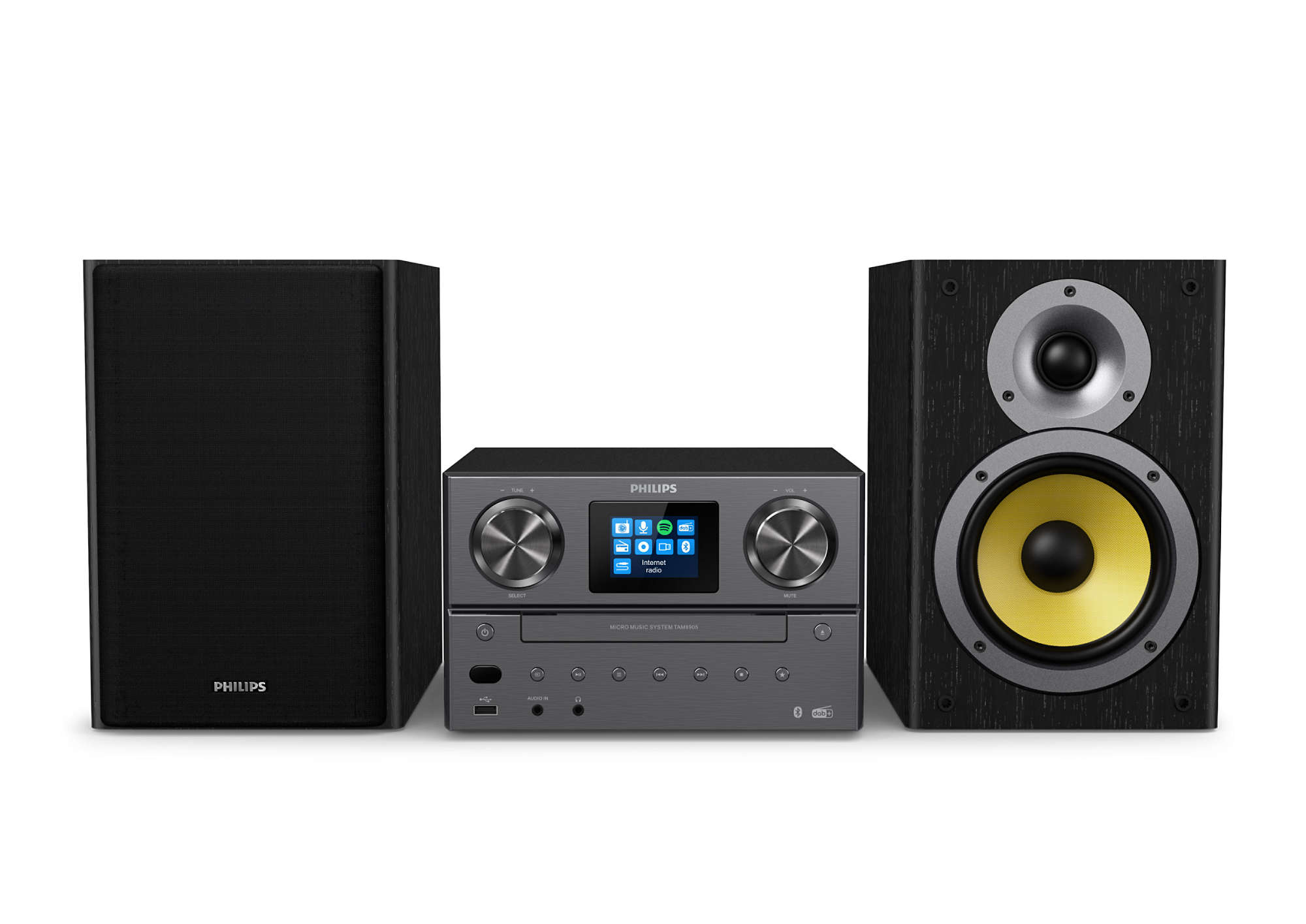 Philips Micro-Hi-Fi-System mit zwei Lautsprechern auf weißem Hintergrund.