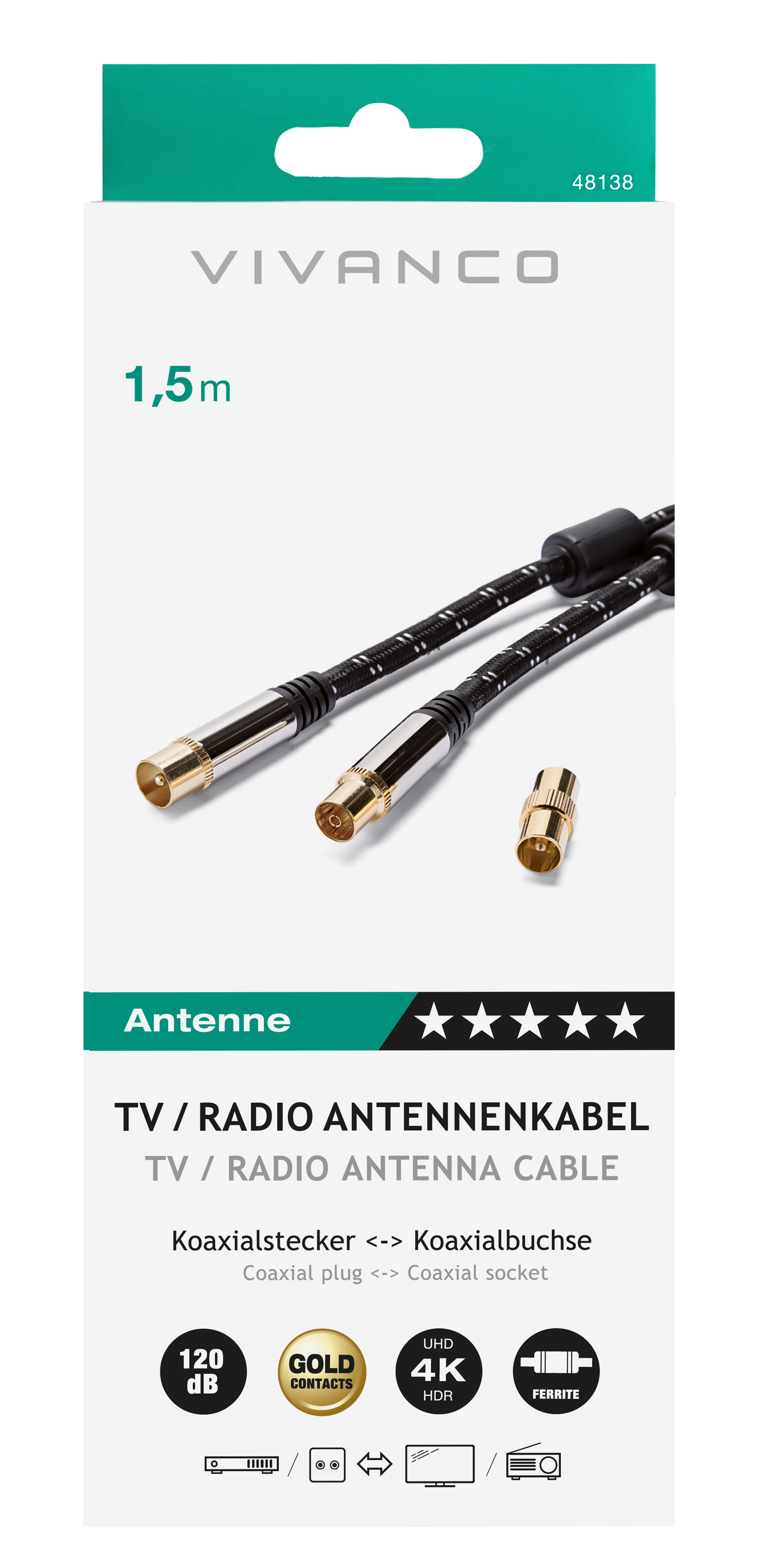 Antennenkabel mit Goldkontakten. Schwarz-goldenes Kabel mit zwei Steckern und einer Buchse.