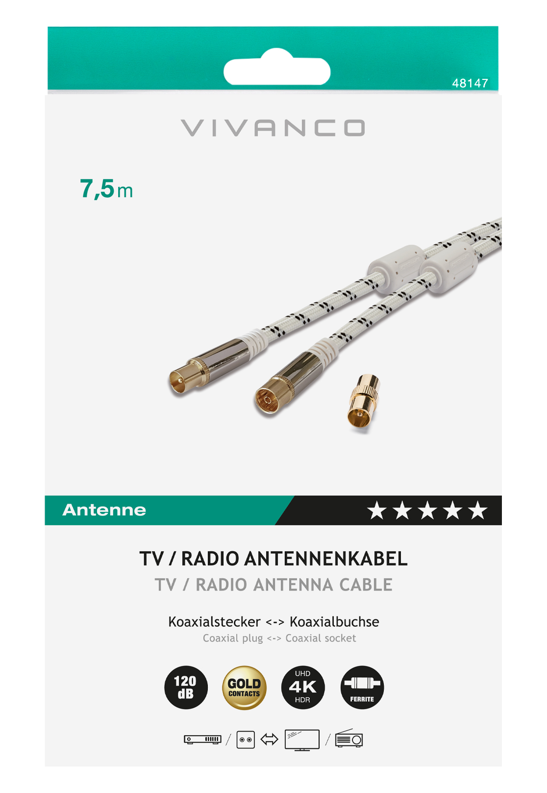 Weiß-schwarzes Koaxial-Antennenkabel in Verpackung.