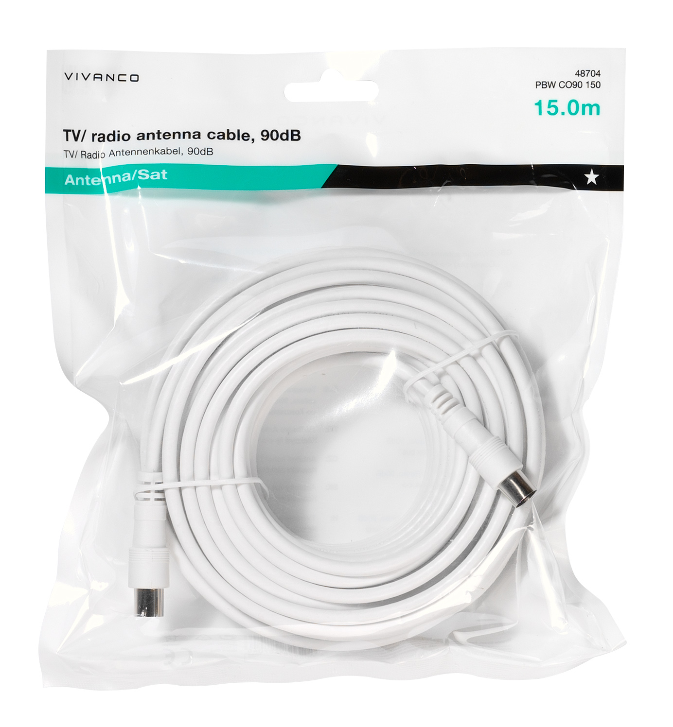 Versiegeltes Kunststoffpaket mit einem weißen TV/Radio-Antennenkabel. Text: 'TV/Radio-Antennenkabel, 90dB, 15,0m'.
