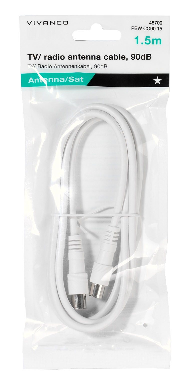 Weißes TV/Radio Antennenkabel in einer transparenten Plastiktüte. Das Kabel hat an beiden Enden Stecker.