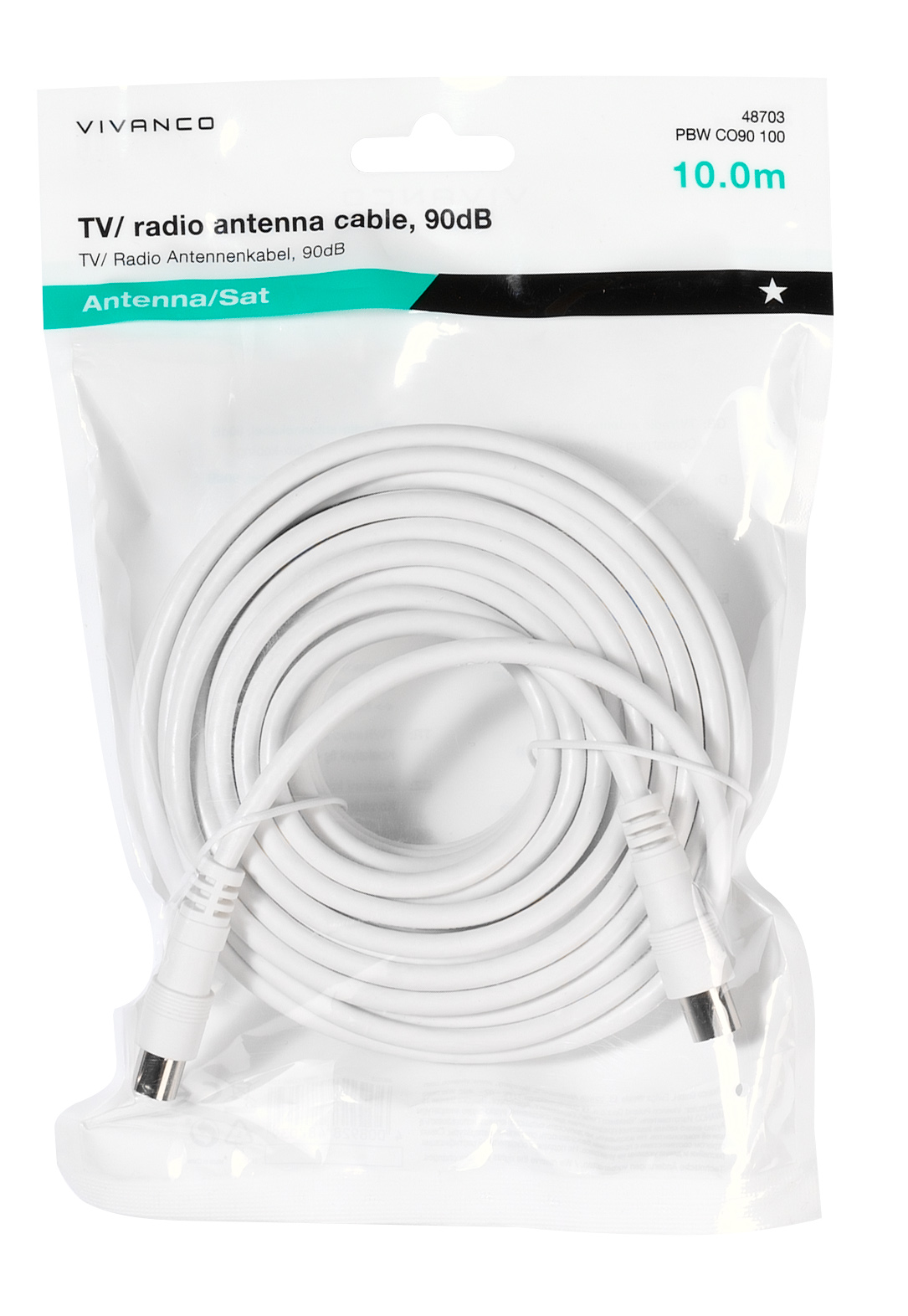 Weißes Antennenkabel in einer transparenten Kunststoffverpackung. Das Kabel ist aufgerollt, Stecker sind sichtbar.