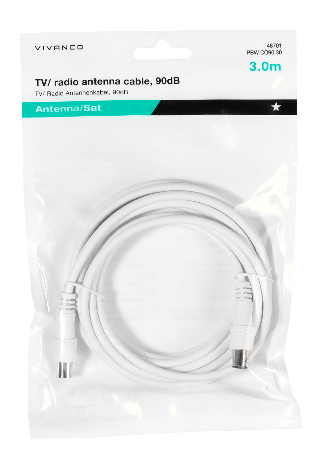 Ein weißes Antennenkabel in einer Plastiktüte.