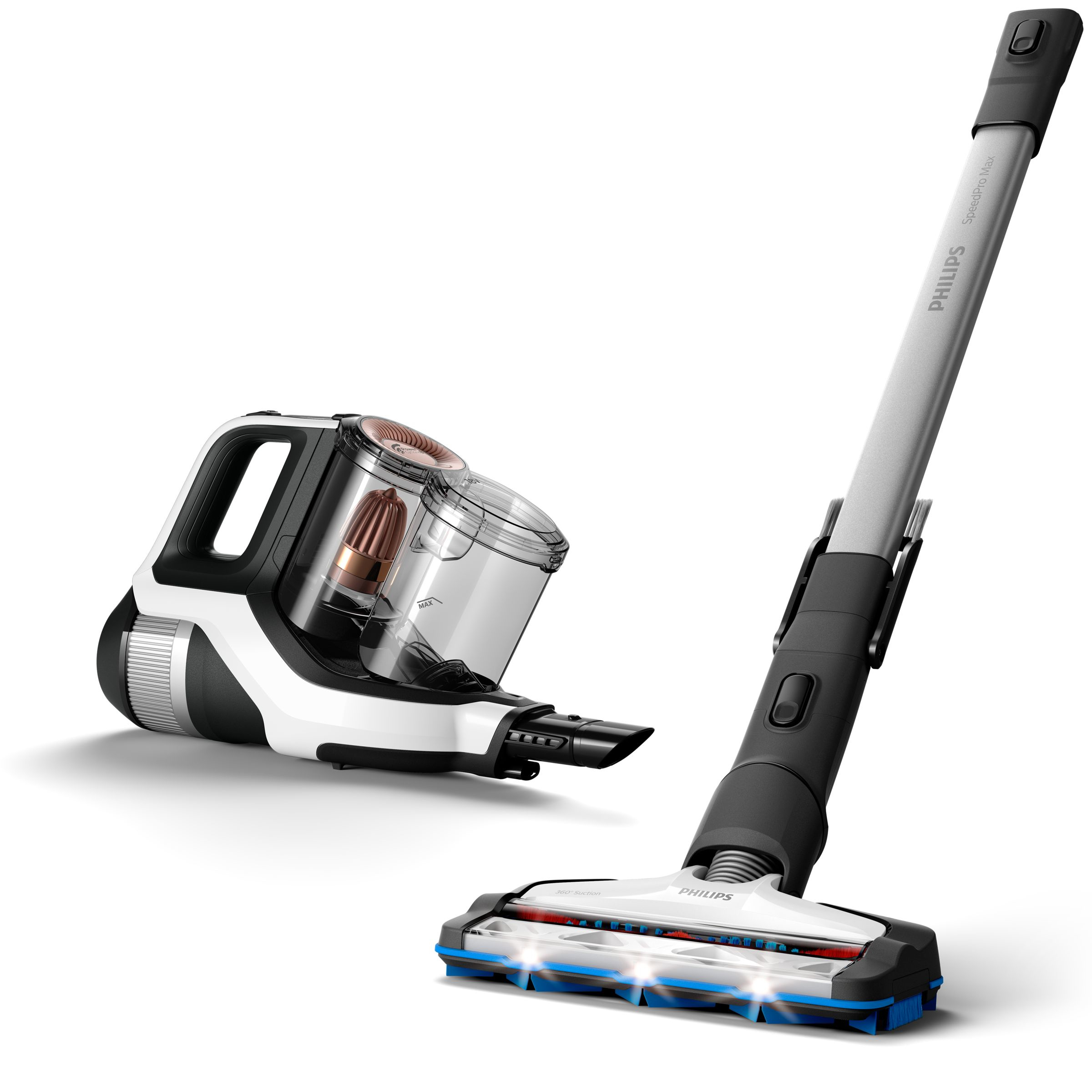 Ein Philips SpeedPro Max Staubsauger. Er ist schwarz, weiß und silber. Der Griff und der Kopf sind getrennt.