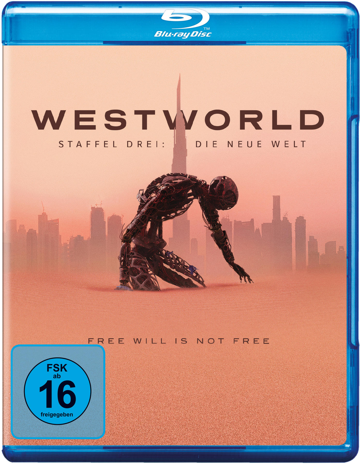 Westworld Blu-ray-Hülle. Es zeigt eine Roboterfigur vor einem rot-orangen Hintergrund.