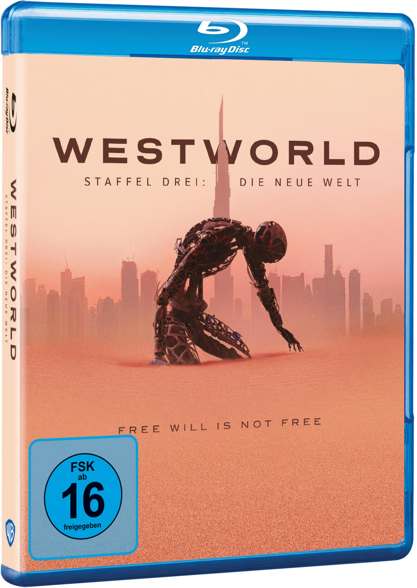 Blu-ray-Hülle für 'Westworld' mit Roboterfigur und Skyline.