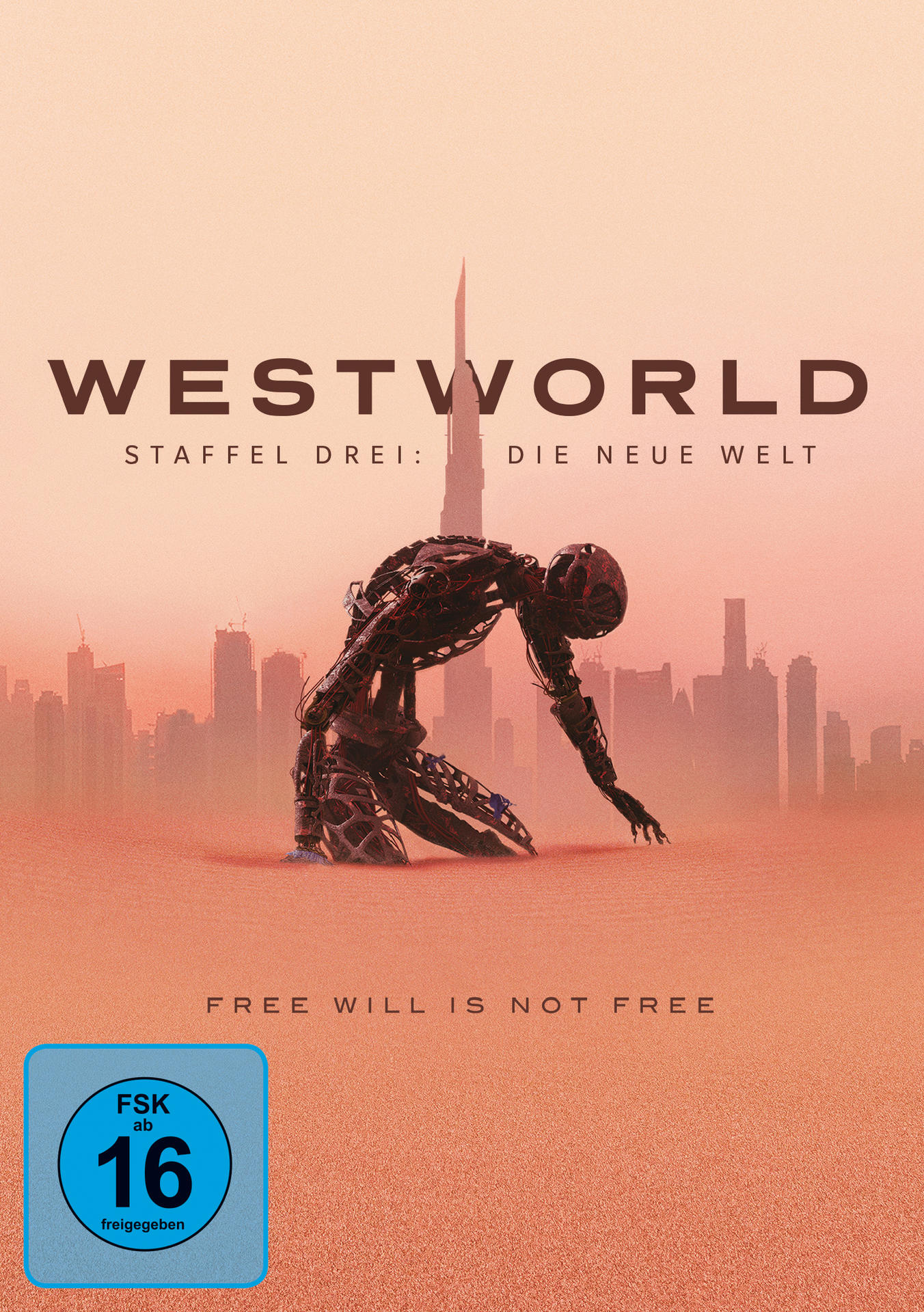 Westworld Staffel 3 DVD-Cover. Enthält eine Roboterfigur mit Skyline und Text vor orangefarbenem Hintergrund.