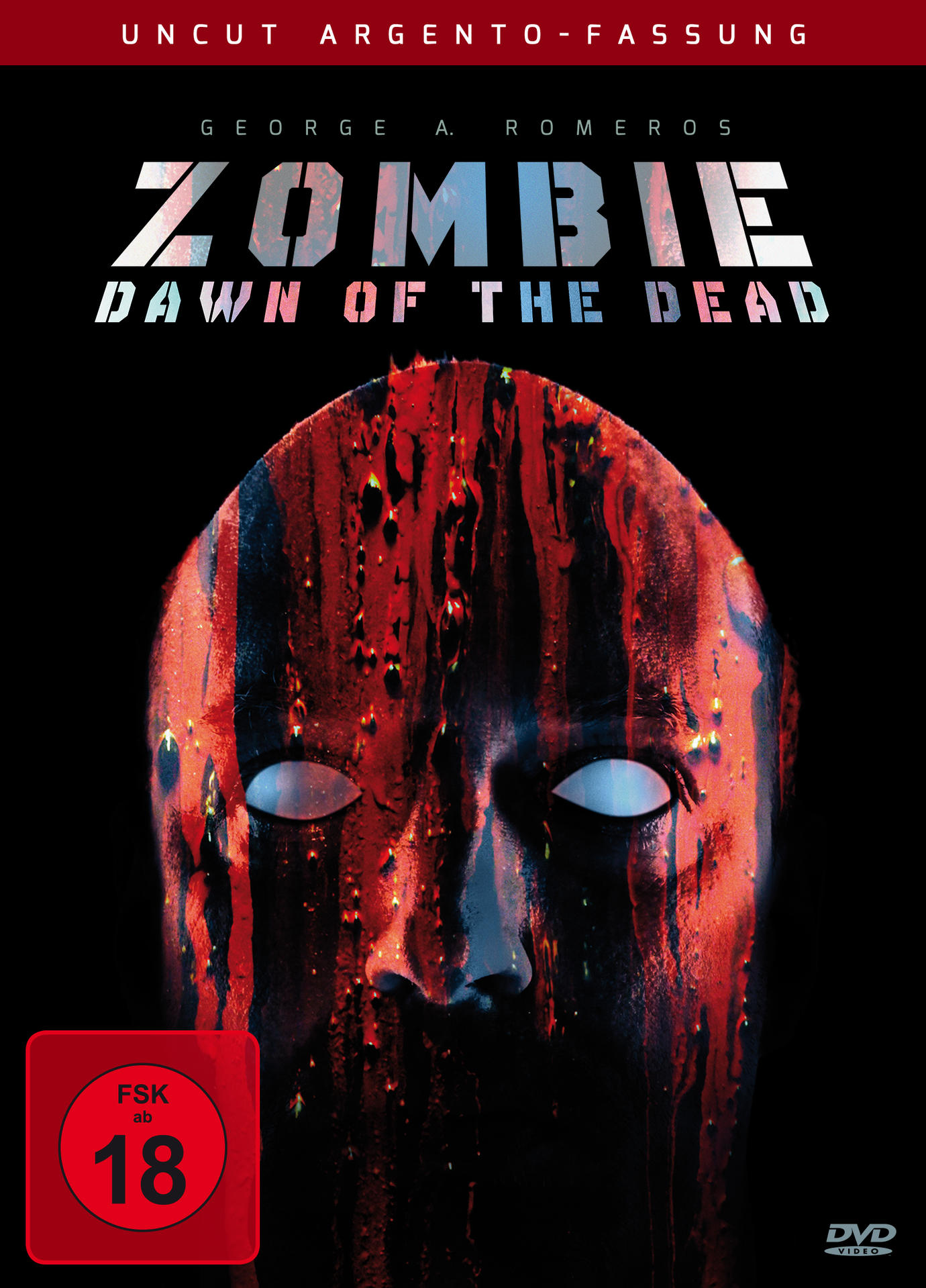 Filmposter: ein mit Blut bedecktes Gesicht, mit dem Titel 'ZOMBIE' und Altersfreigabe.