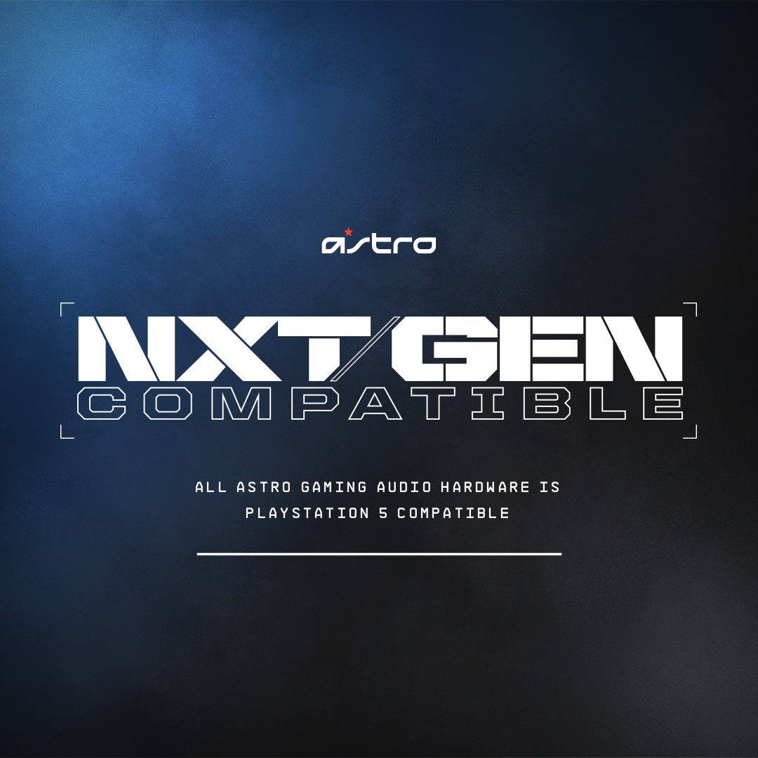 Astro NXT GEN COMPATIBLE Logo auf blauem Hintergrund. Text: Playstation 5 kompatibel.