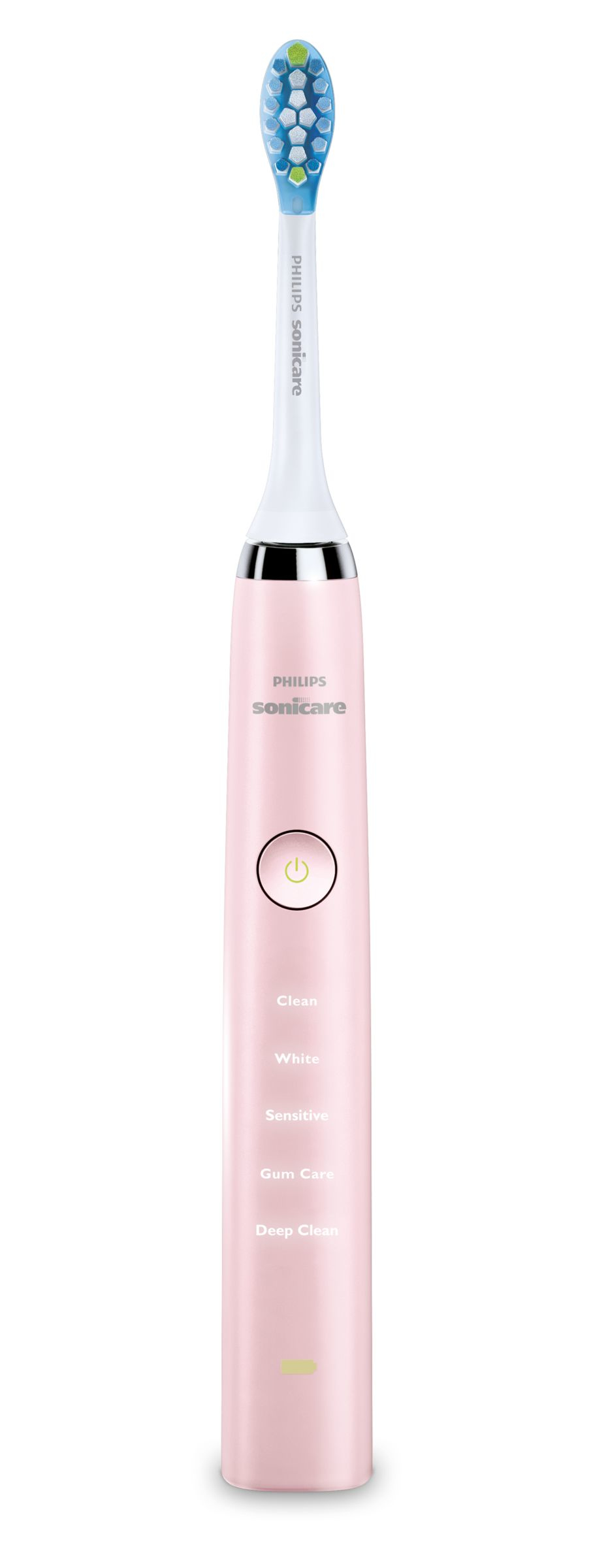 Rosa Philips Sonicare elektrische Zahnbürste. Enthält Ein-/Ausschalter und Reinigungsmodi am Griff.