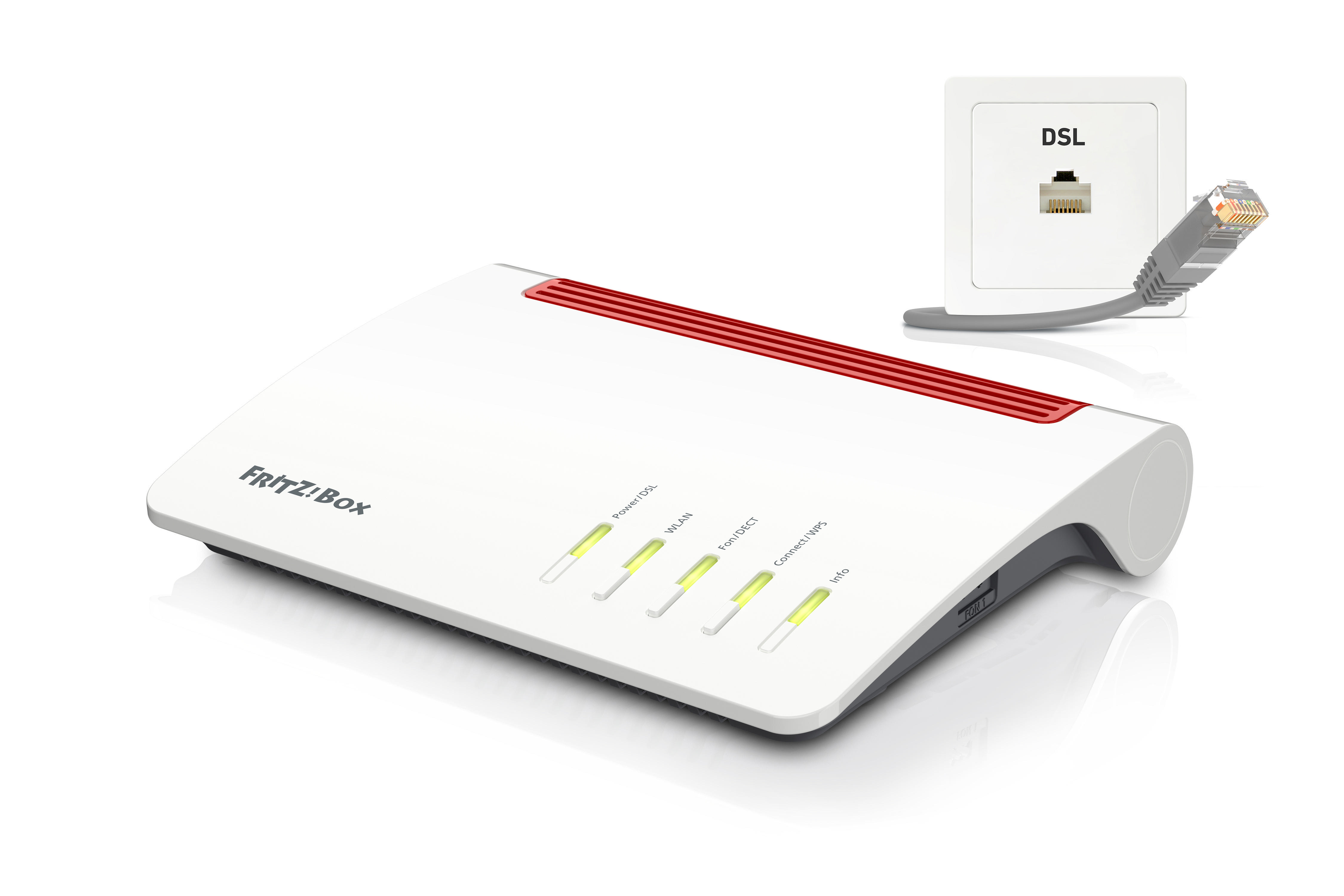 Weiß-roter Fritz!Box-Router mit Lichtern, DSL-Anschluss und grauem Kabel.
