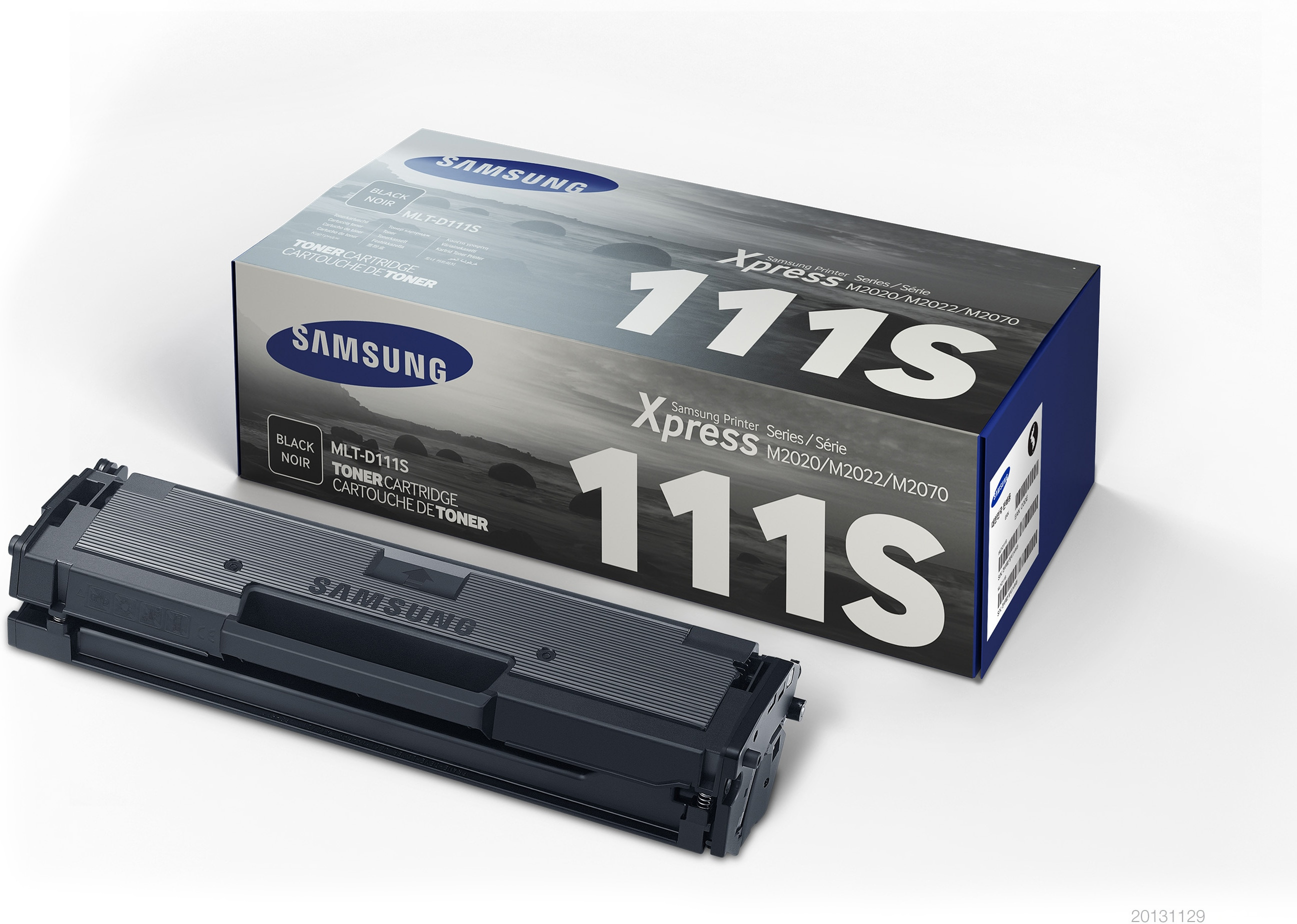 Eine Samsung-Tonerpatrone und -box. Die Box ist überwiegend weiß mit schwarzen und blauen Details.