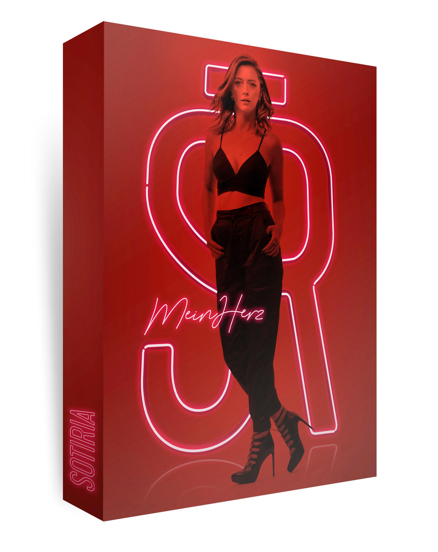 CD-Cover mit Frauenbild und Text. Roter Hintergrund mit weißem Neon-Design.