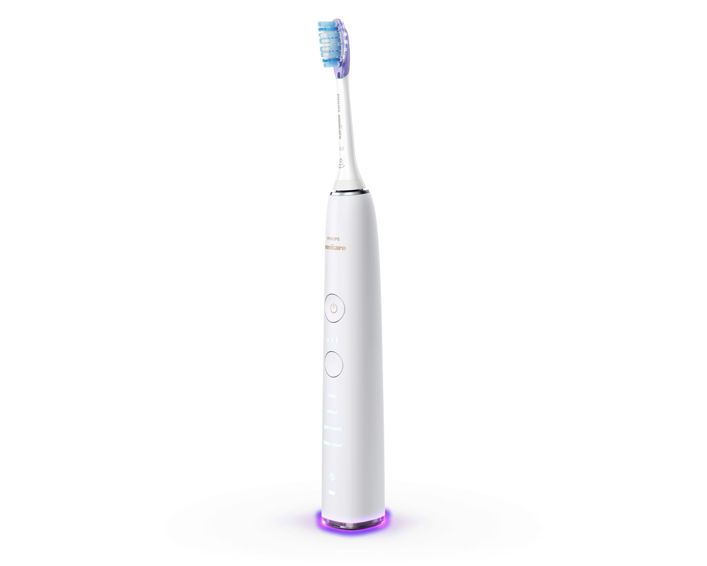 Weiße elektrische Philips Sonicare Zahnbürste mit Ladestation, zeigt die Ein-/Aus- und Modustasten.