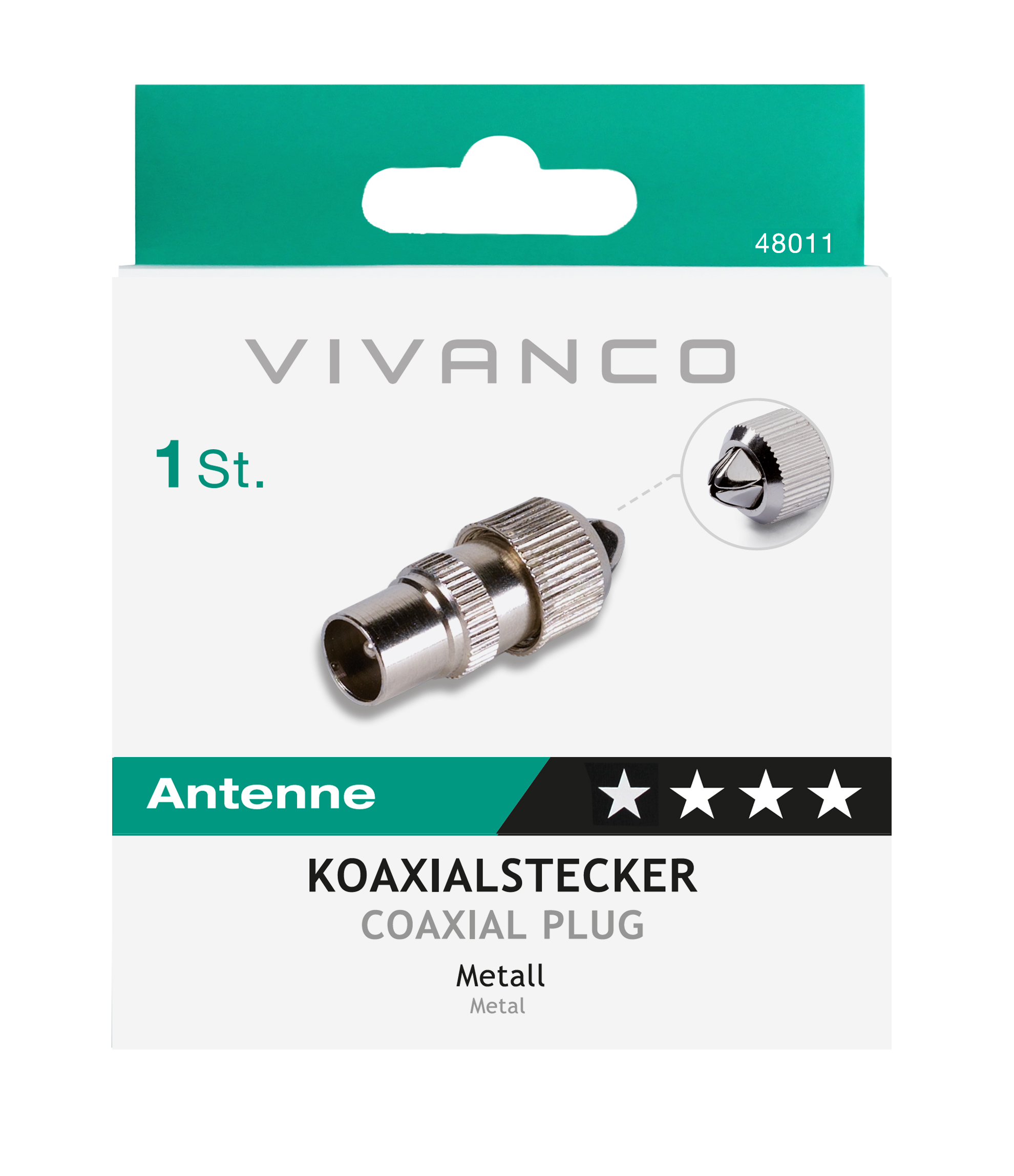Koaxialstecker für Antenne. Silber und schwarz, mit Nahaufnahme des Steckers.