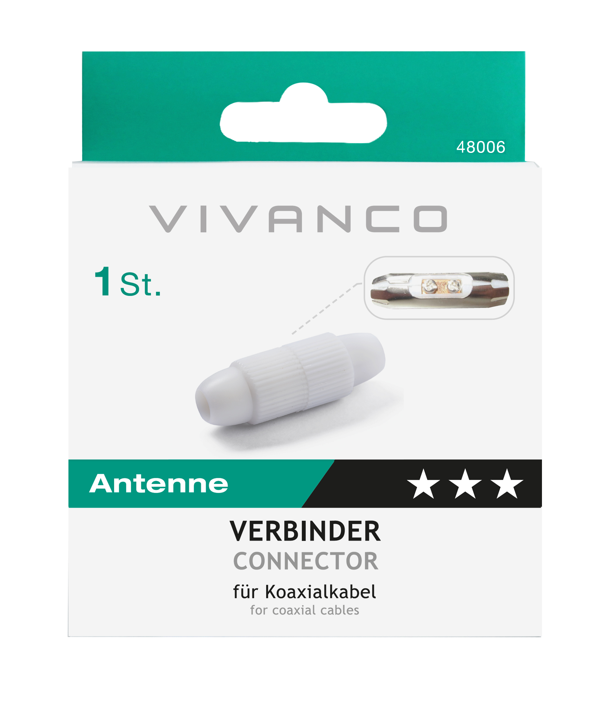 Ein weißer Vivanco Antennenanschluss in einer weiß-grünen Box. Die Verpackung zeigt das Produkt.