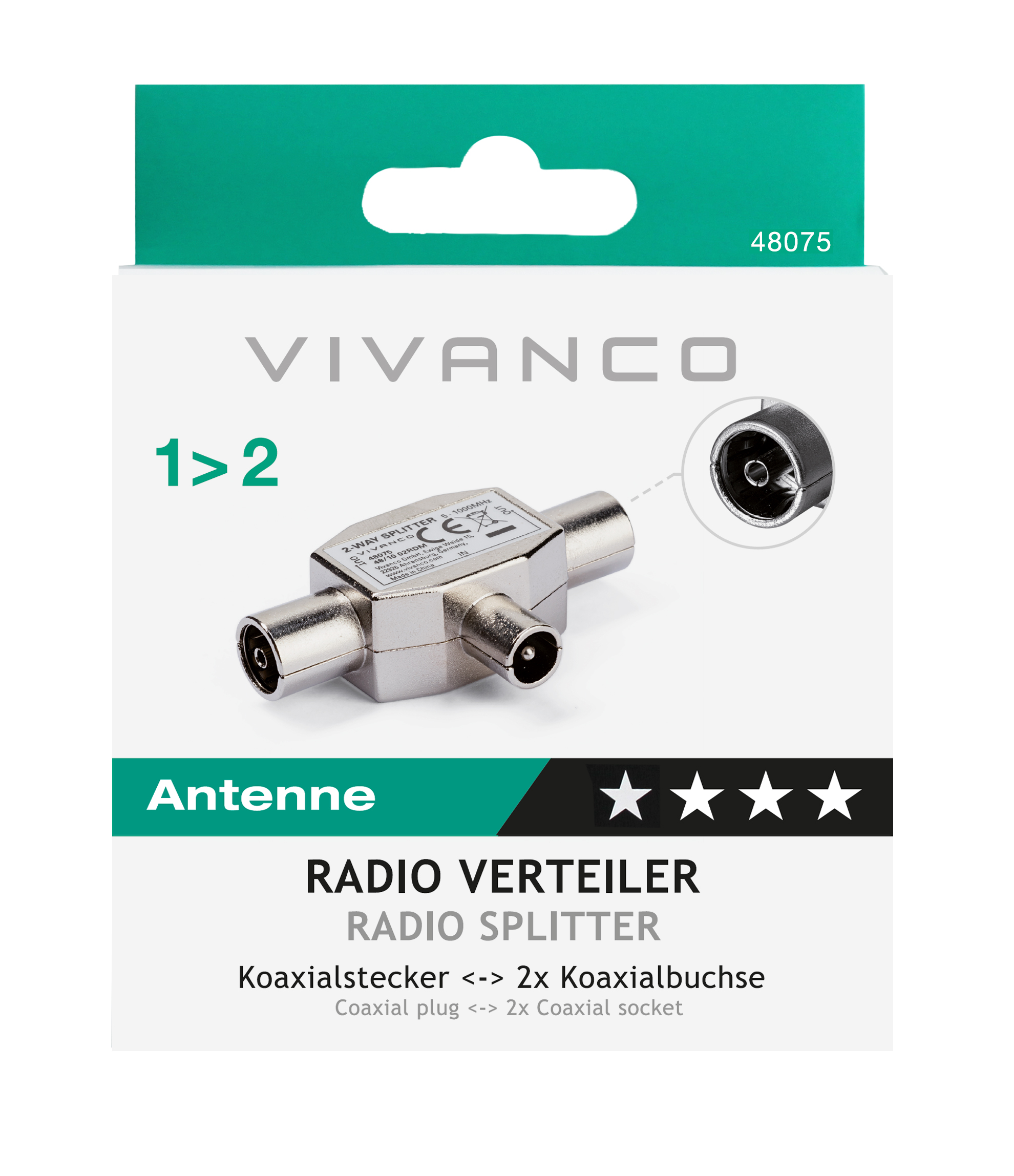 Vivanco Radio-Splitter-Verpackung mit silbernem Splitter und Text.