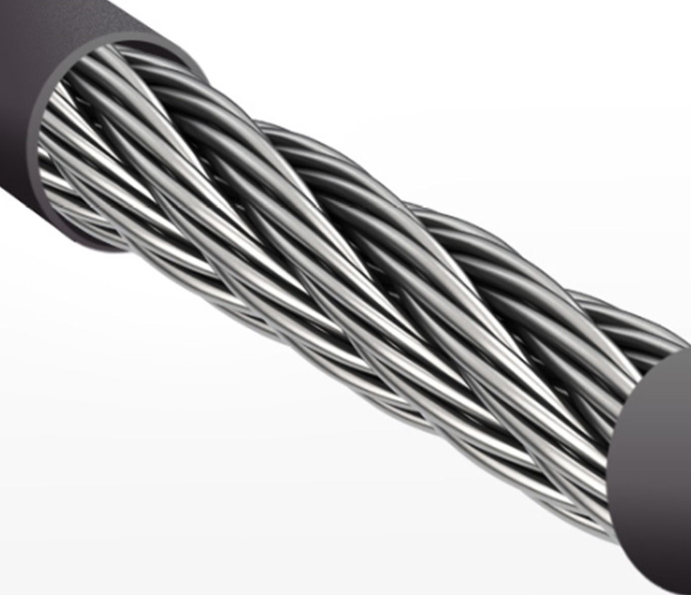 Összecsavart drótkötél közelképe sötétszürke védőbevonattal.