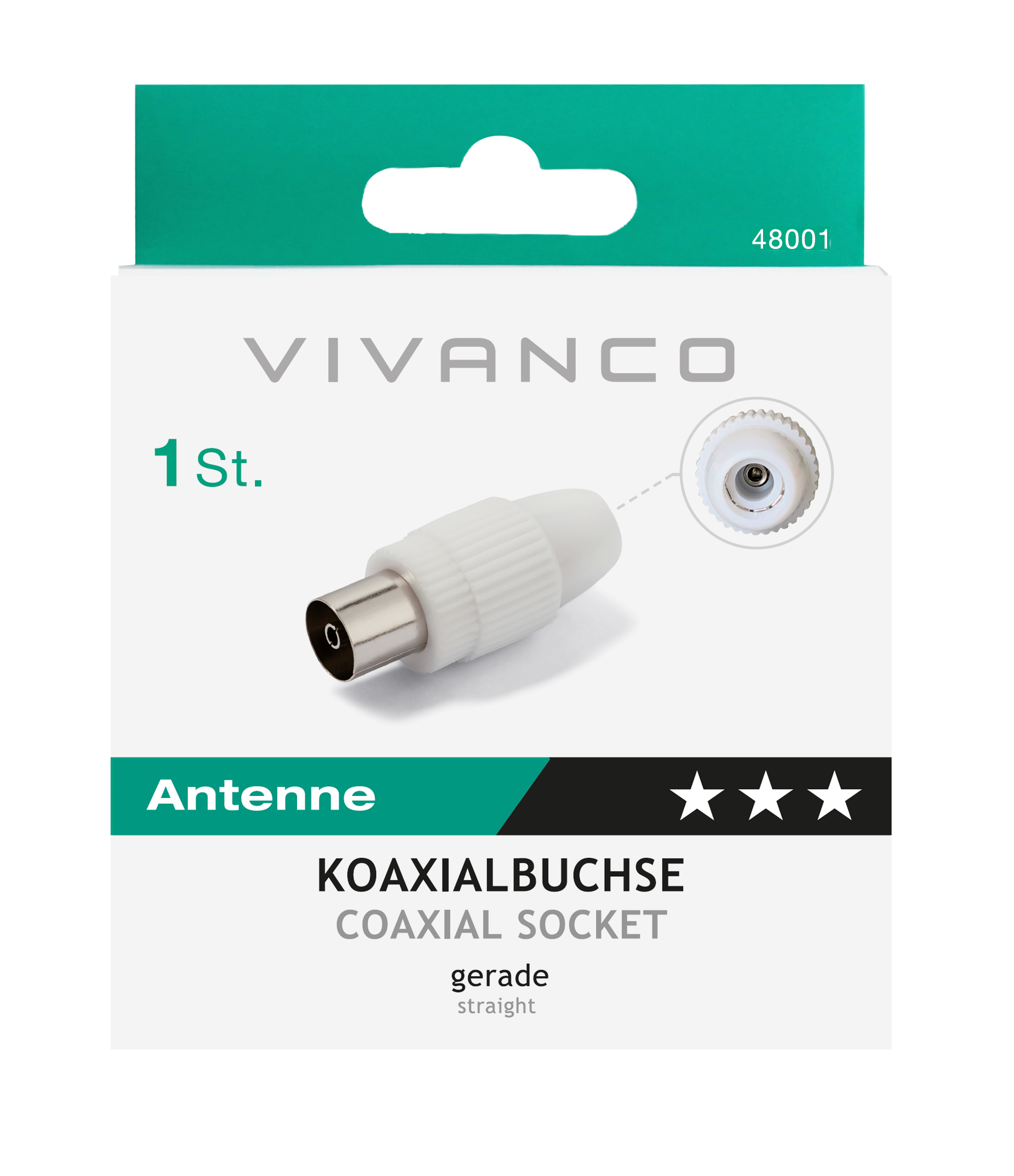 Weisse Vivanco Koaxialbuchse. Mit Metallstecker und der Beschriftung 'gerade'.