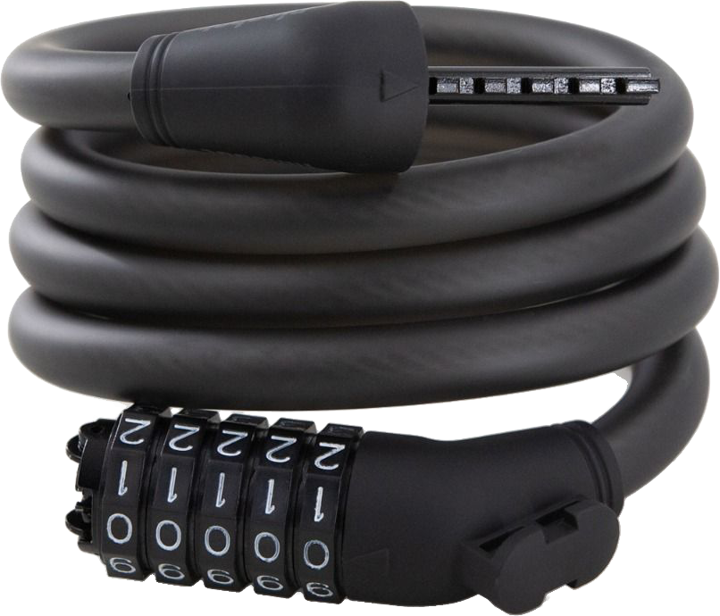 Tekercselt fekete kerékpárzár számzáras kombinációval.