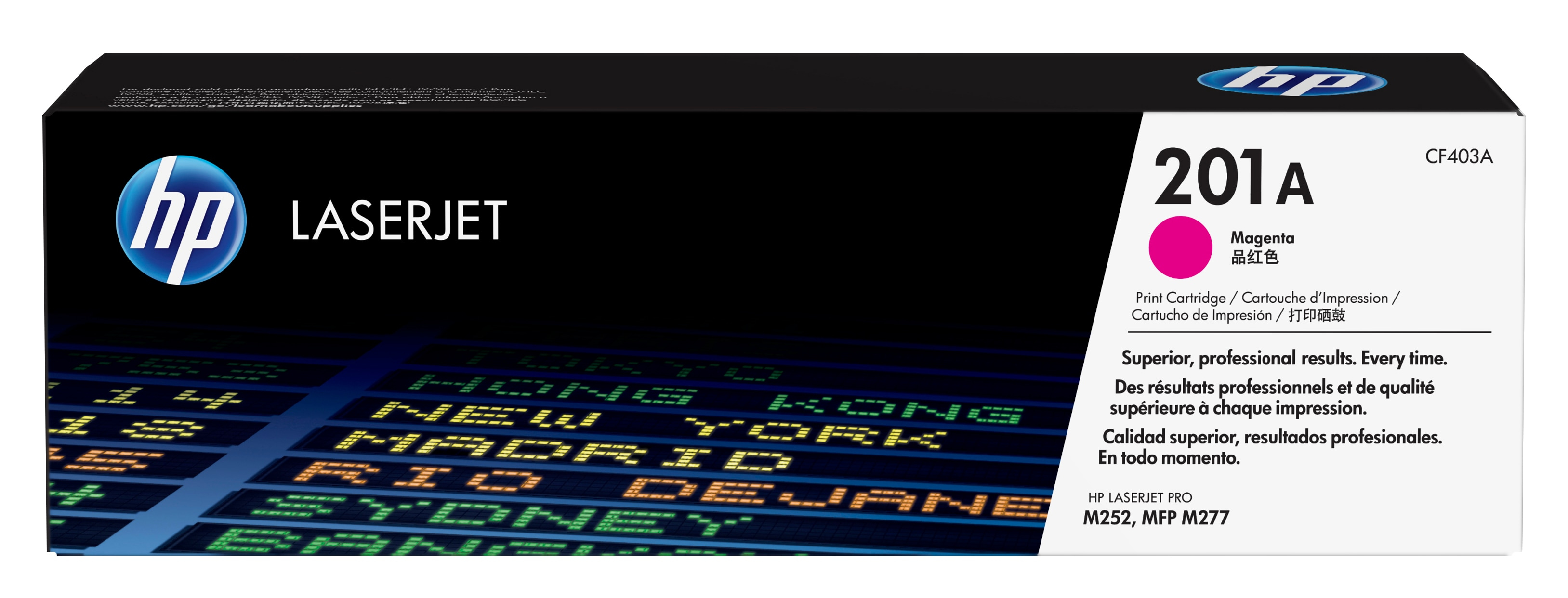 HP LaserJet Tonerbox mit magentafarbener Patrone und Flughafen-Hintergrund.