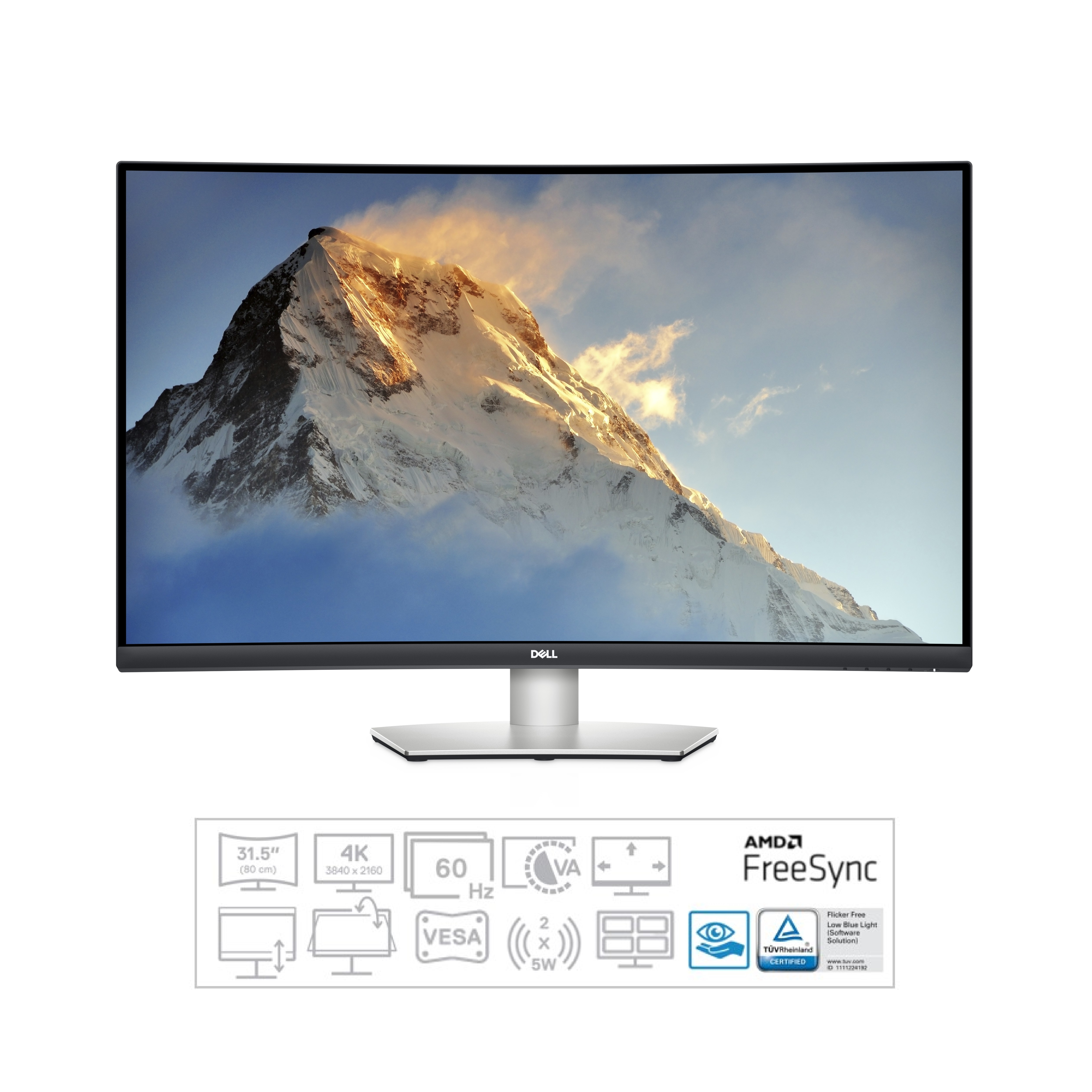 Ein gebogener Monitor mit einer Berglandschaft im Hintergrund. Unten befinden sich Symbole und das Dell-Logo.